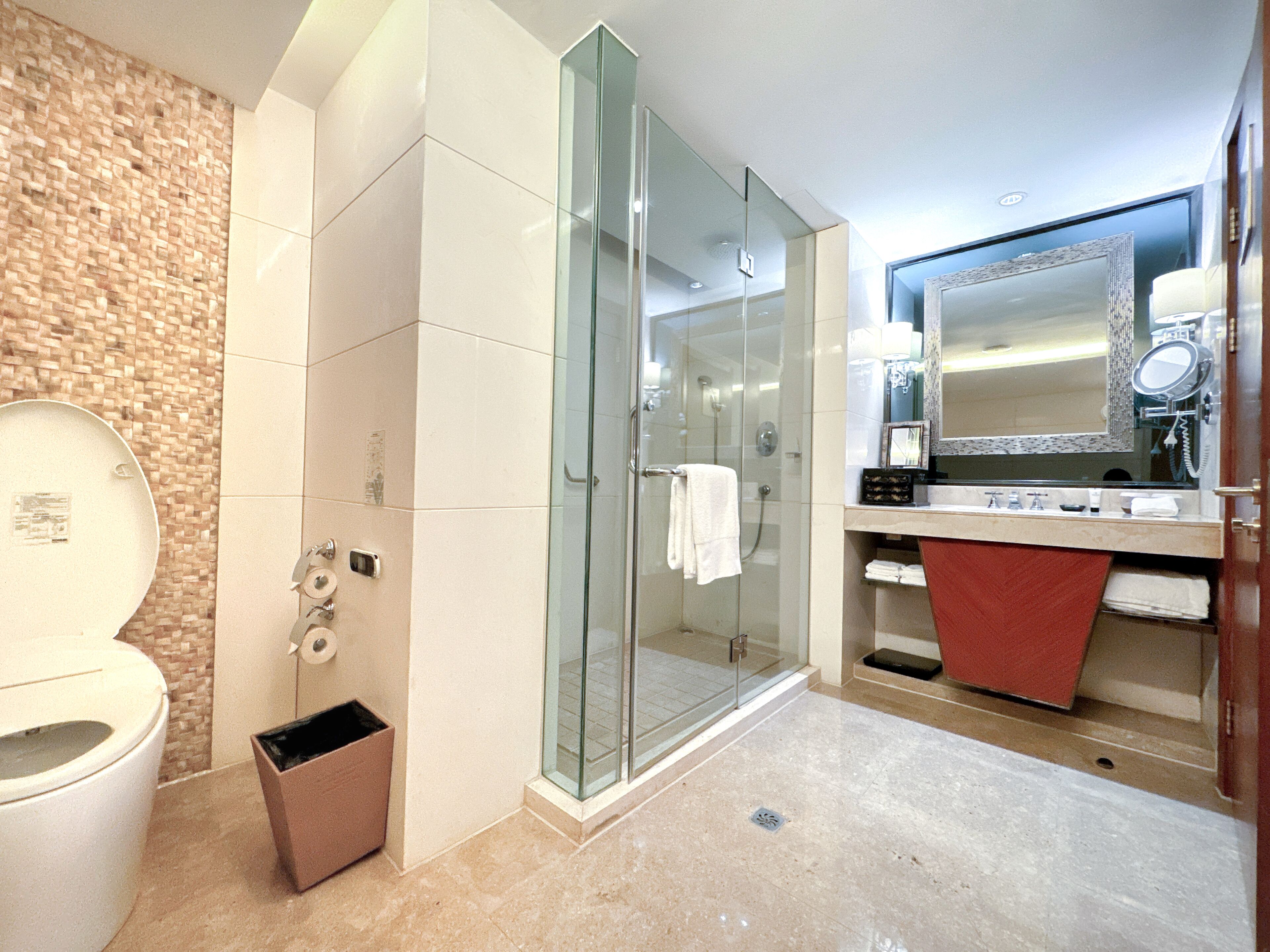 A modern bathroom with a glass-enclosed shower, a toilet, and a vanity with a mirror and towel rack.