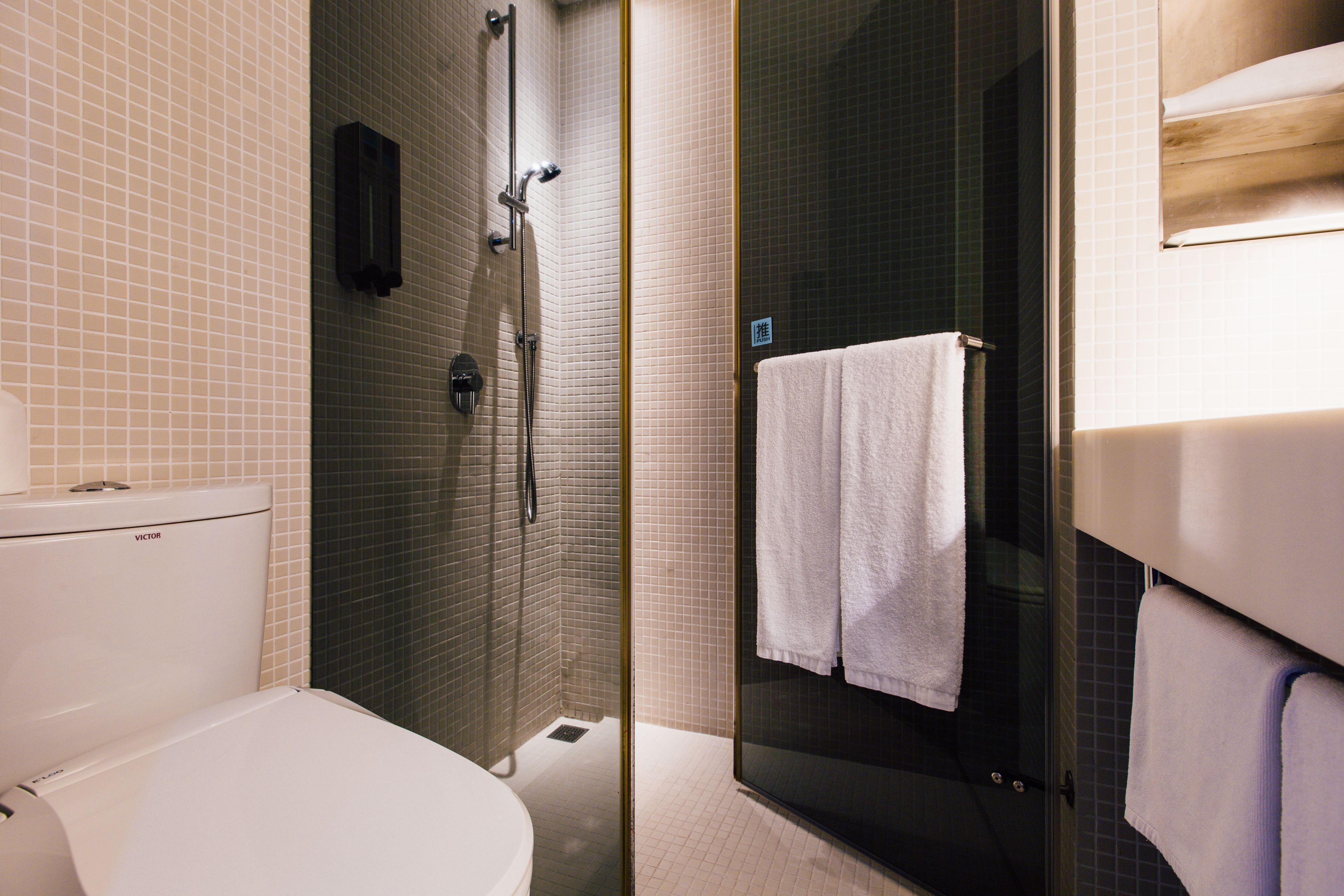 shower, hair dryer, slippers, bidet