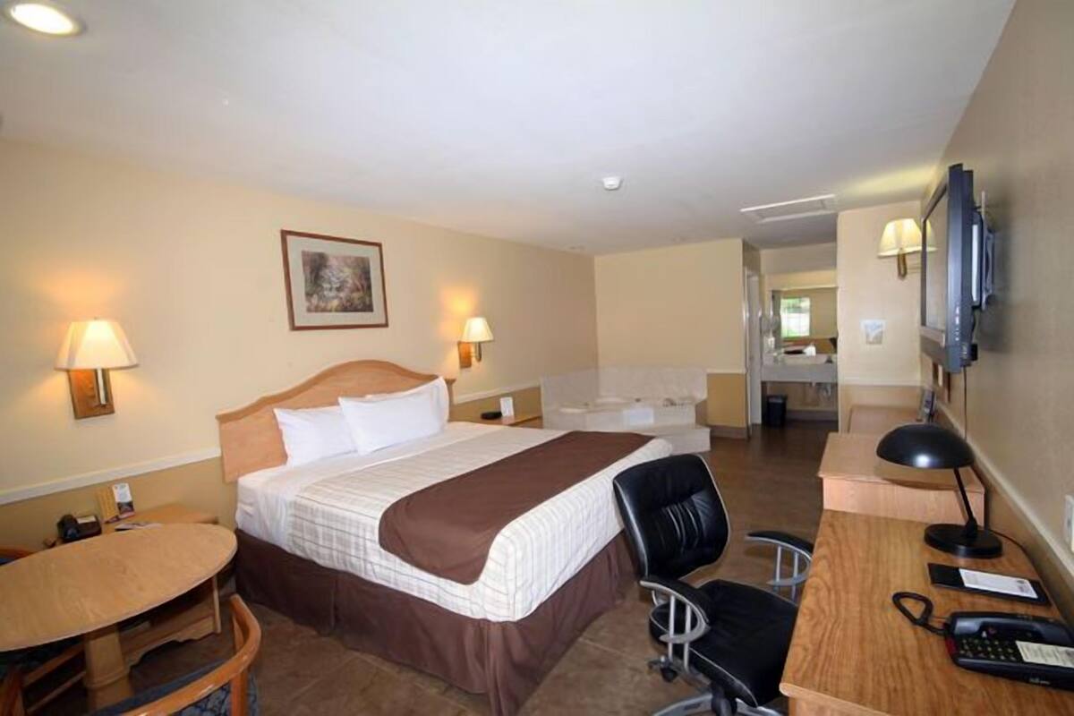 Una habitación de hotel con cama, escritorio, silla y televisión.