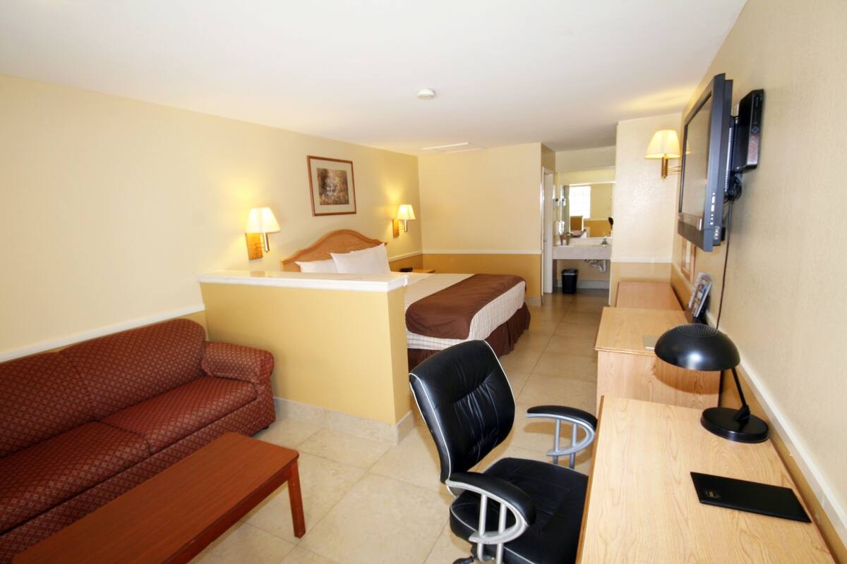 Una habitación de hotel con cama, escritorio, sillón, sofá y televisor.
