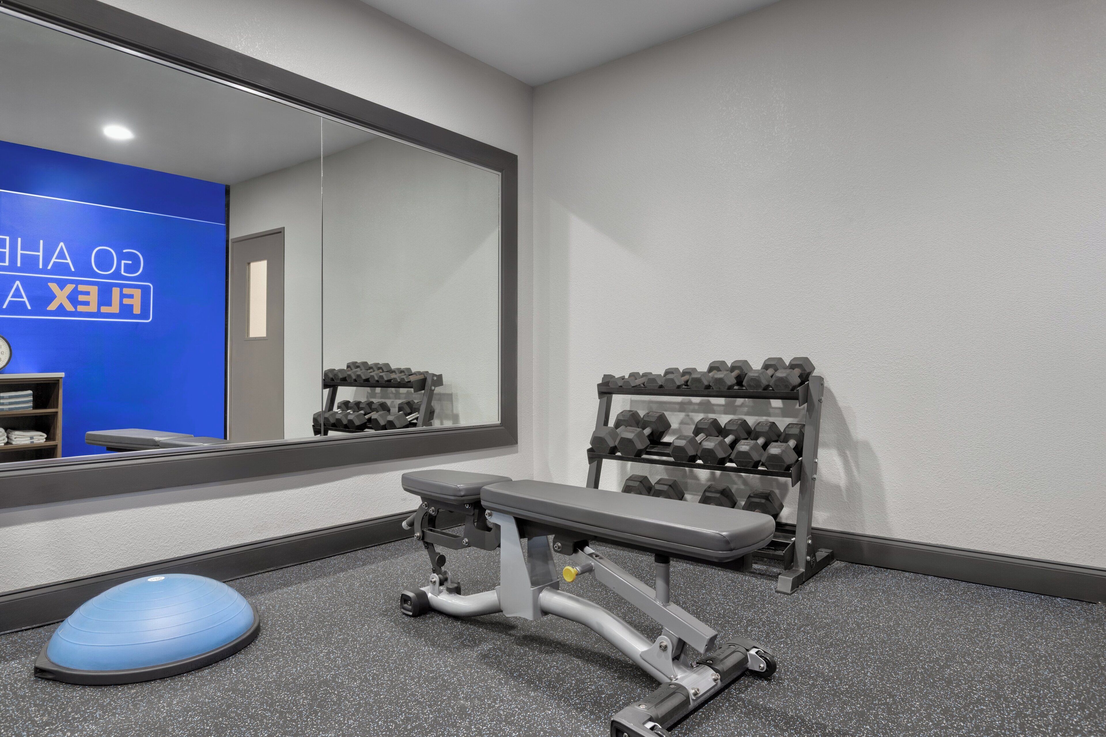 A gym with a bench, dumbbells, and a blue exercise ball.