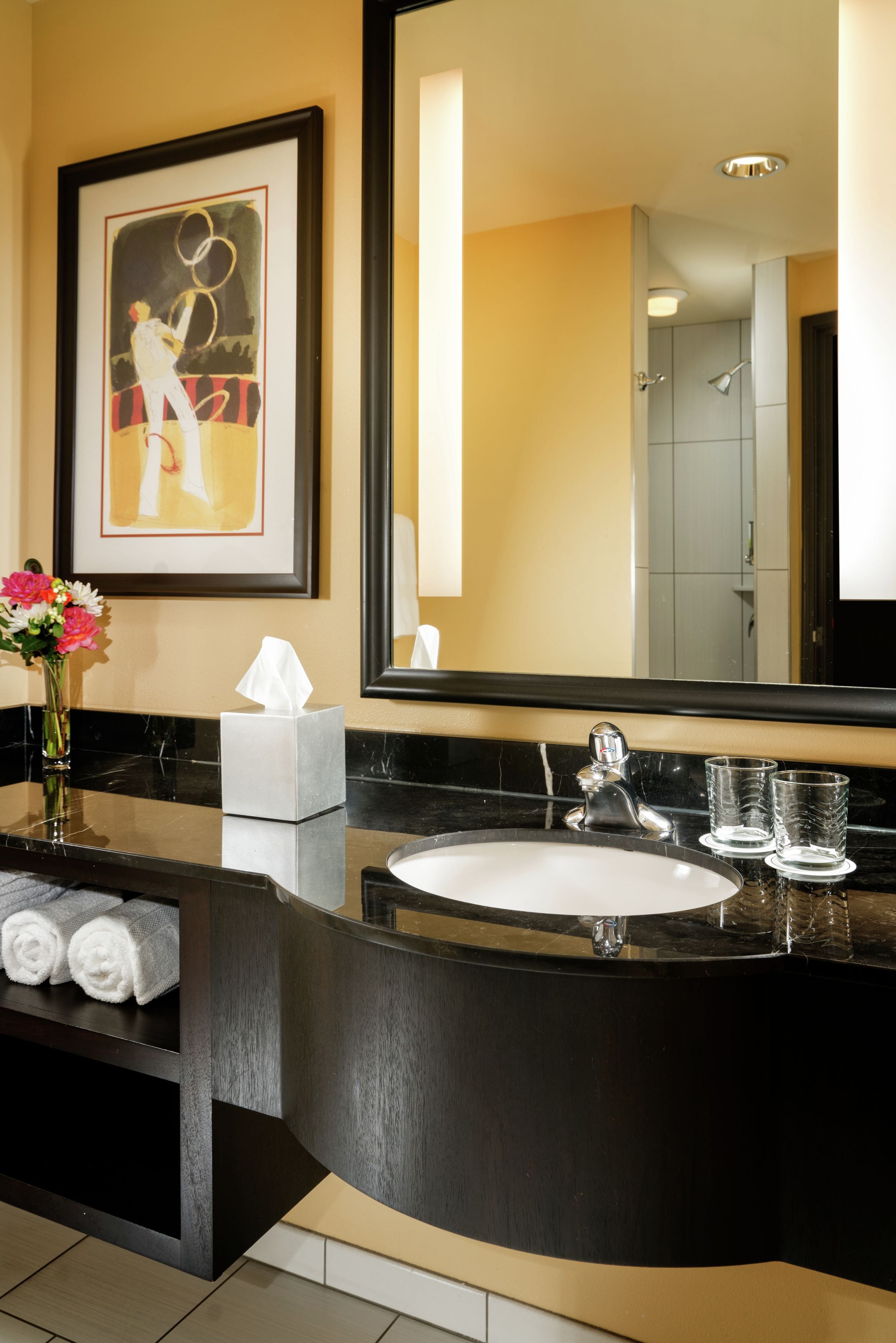 shower, rainfall showerhead, designer toiletries, hair dryer