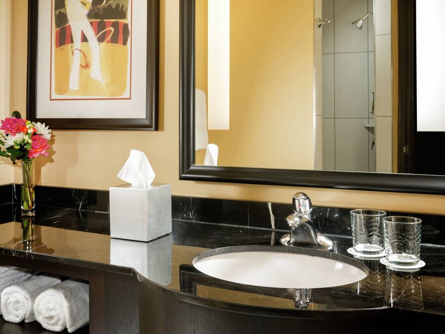 A modern bathroom with a black countertop, a white sink, and a large mirror. There is a framed picture on the wall and a vase with flowers on the counter.