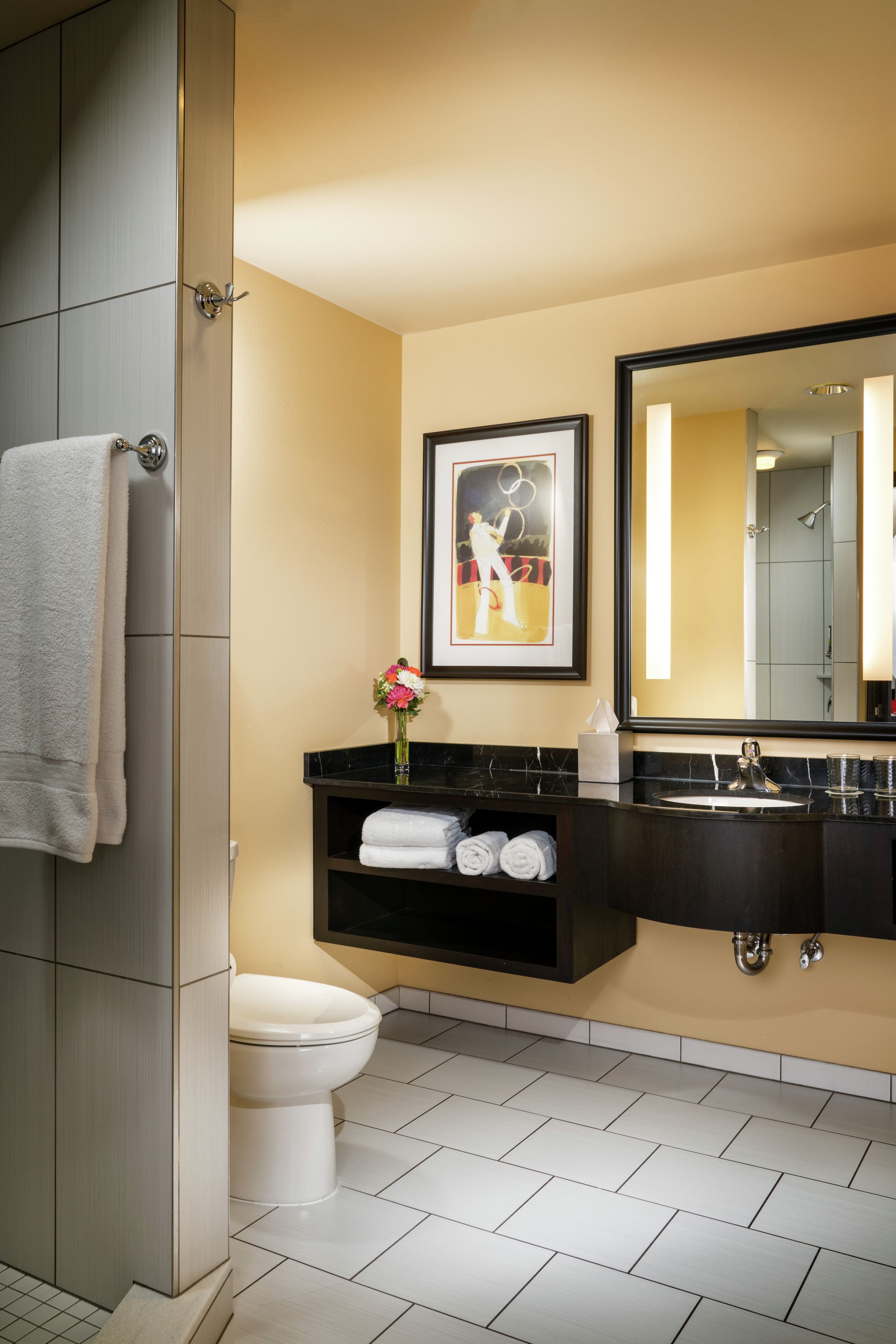 shower, rainfall showerhead, designer toiletries, hair dryer