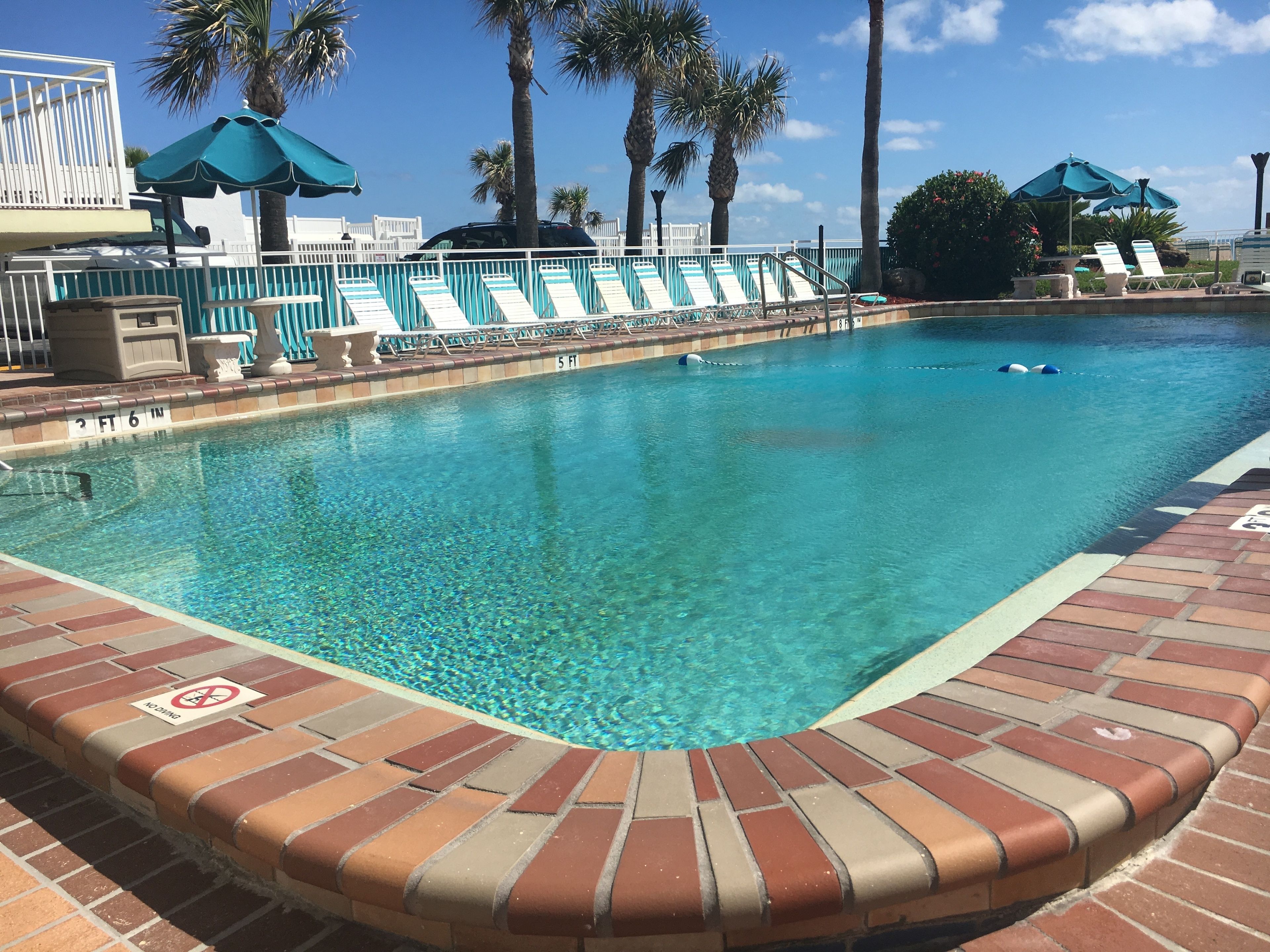 A clear swimming pool with a brick edge and a no diving sign.