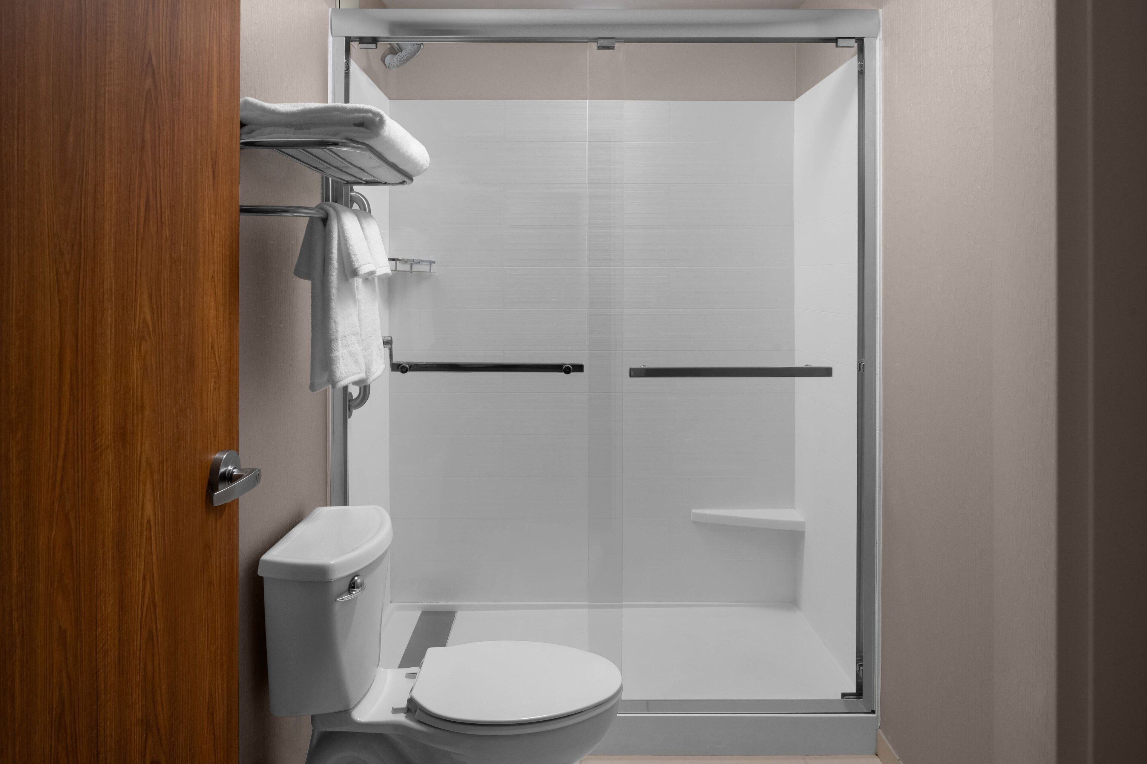 combined shower/bathtub, free toiletries, hair dryer, towels