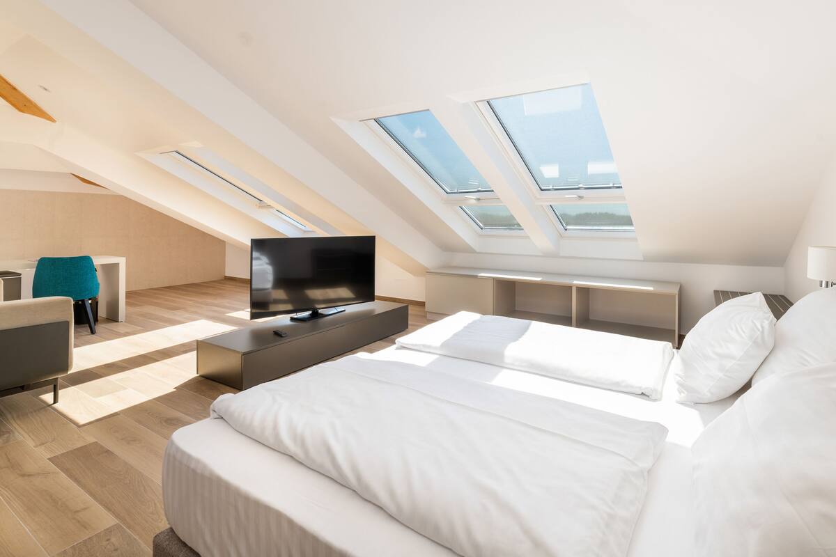 A modern bedroom with a large bed, a TV on a low stand, and skylights.