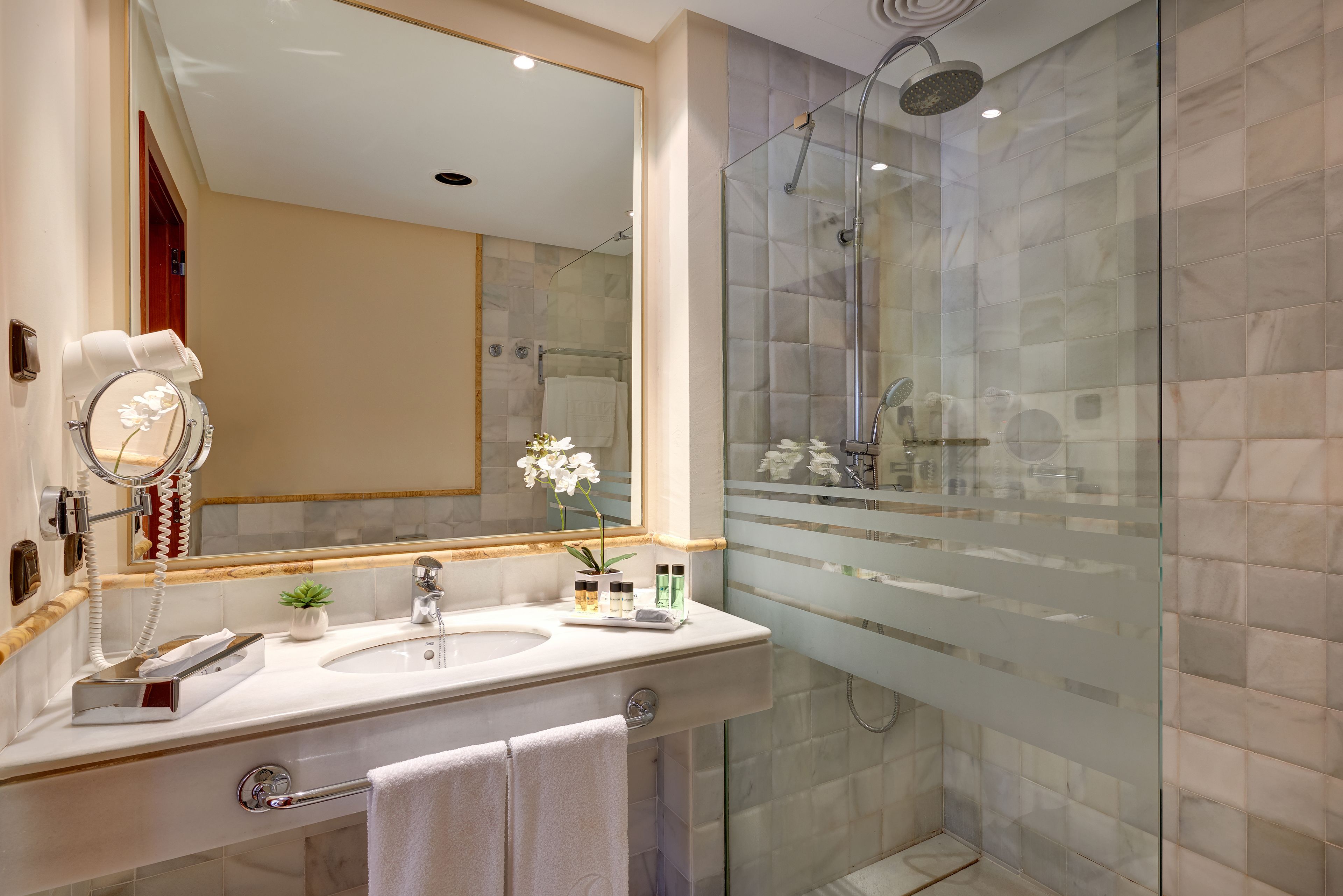 combined shower/bathtub, free toiletries, hair dryer, towels