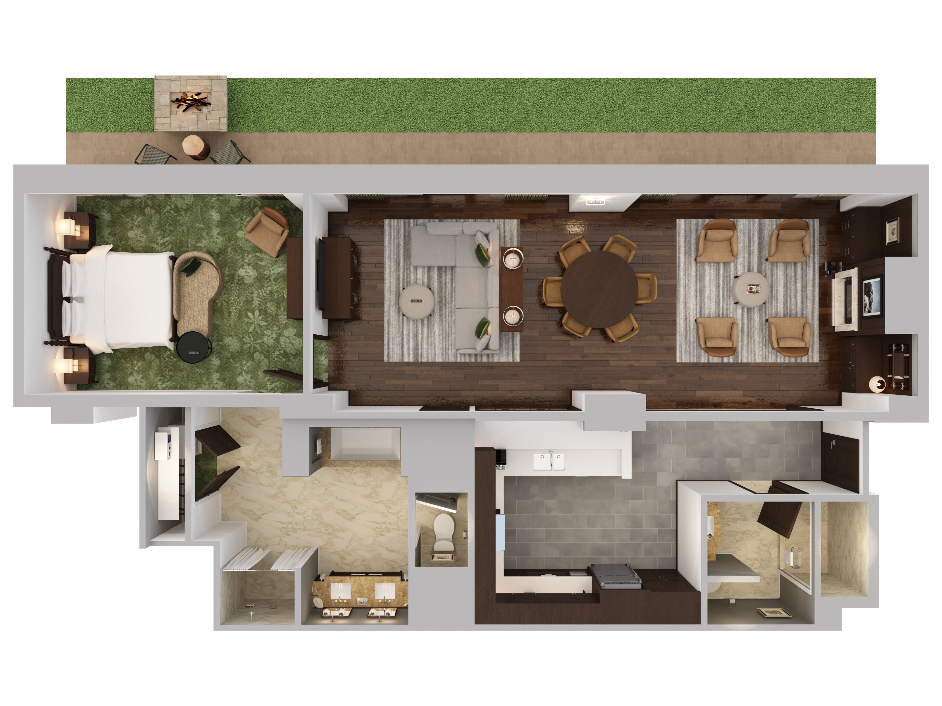 A modern hotel layout with a dining area, a living room, a bedroom, and a bathroom.