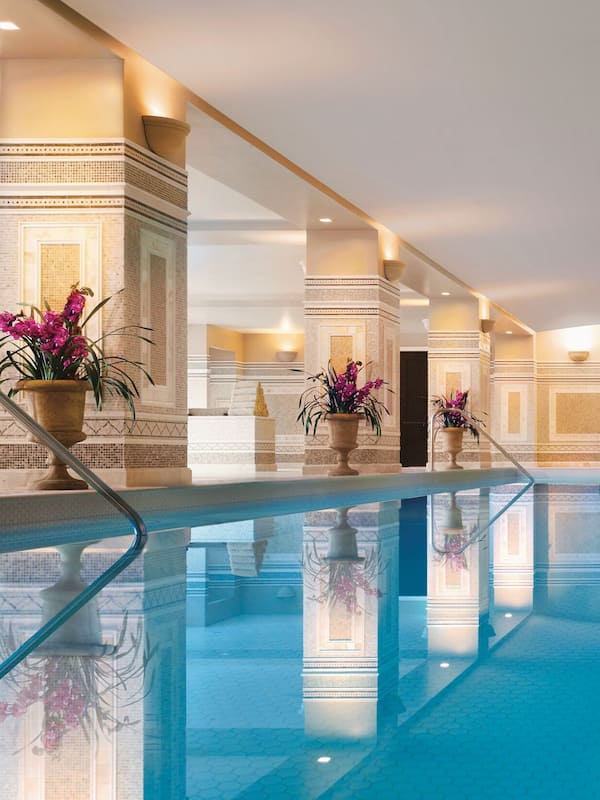 Indoor pool, outdoor pool, pool umbrellas, sun loungers