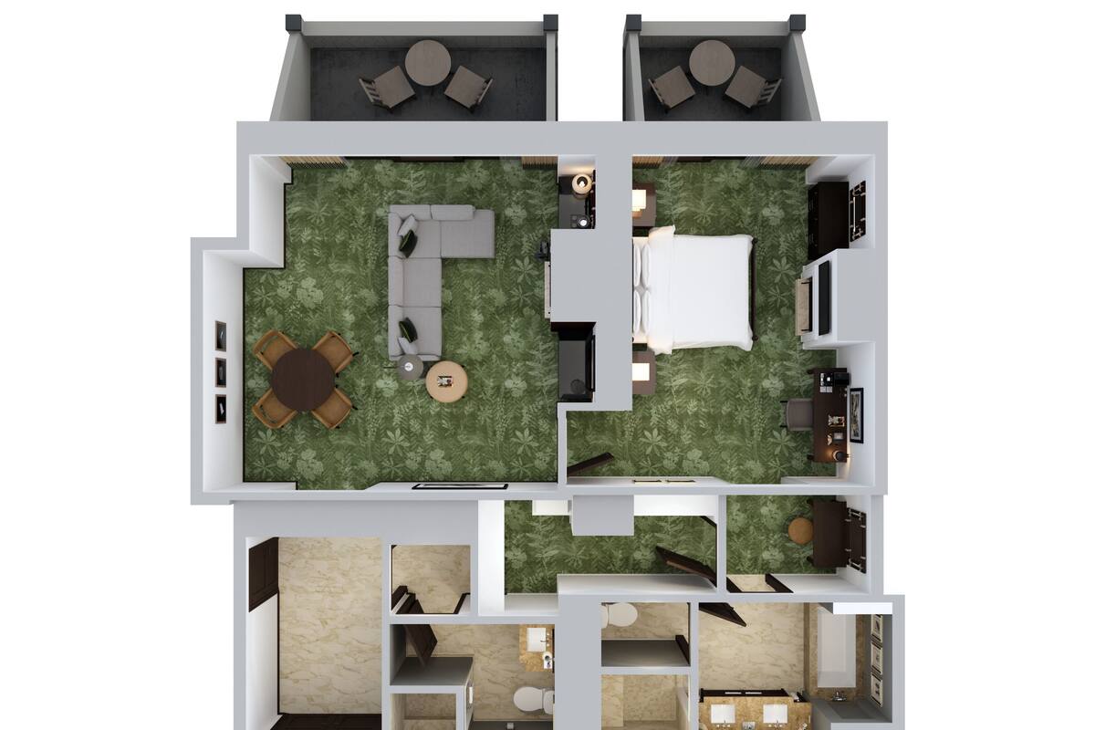 Un hôtel à deux étages comprenant un espace de vie, un coin repas, une cuisine et des chambres séparées.