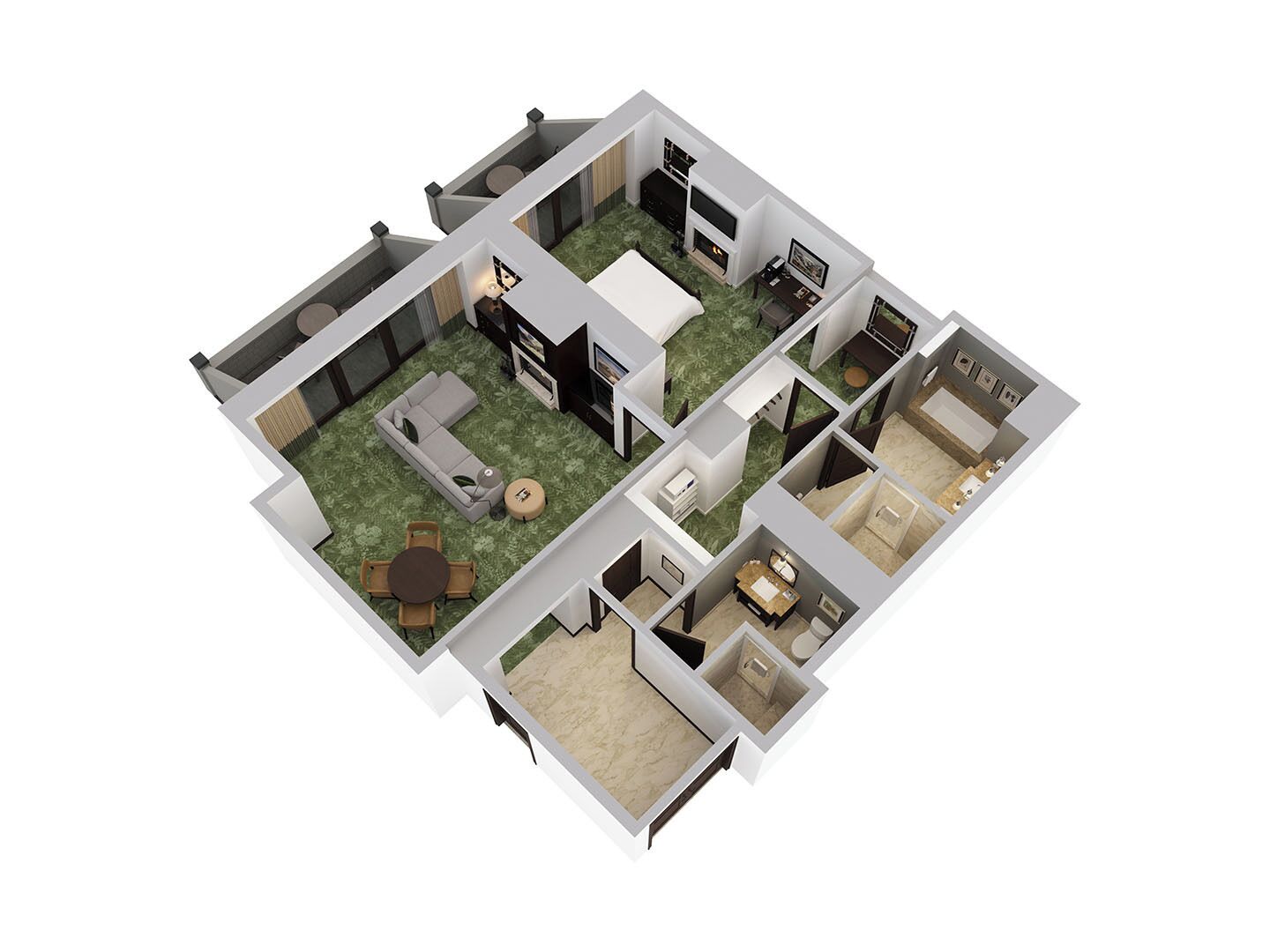 Plano de planta en 3D de un apartamento moderno, que incluye sala de estar, comedor, cocina, dos dormitorios y un baño.