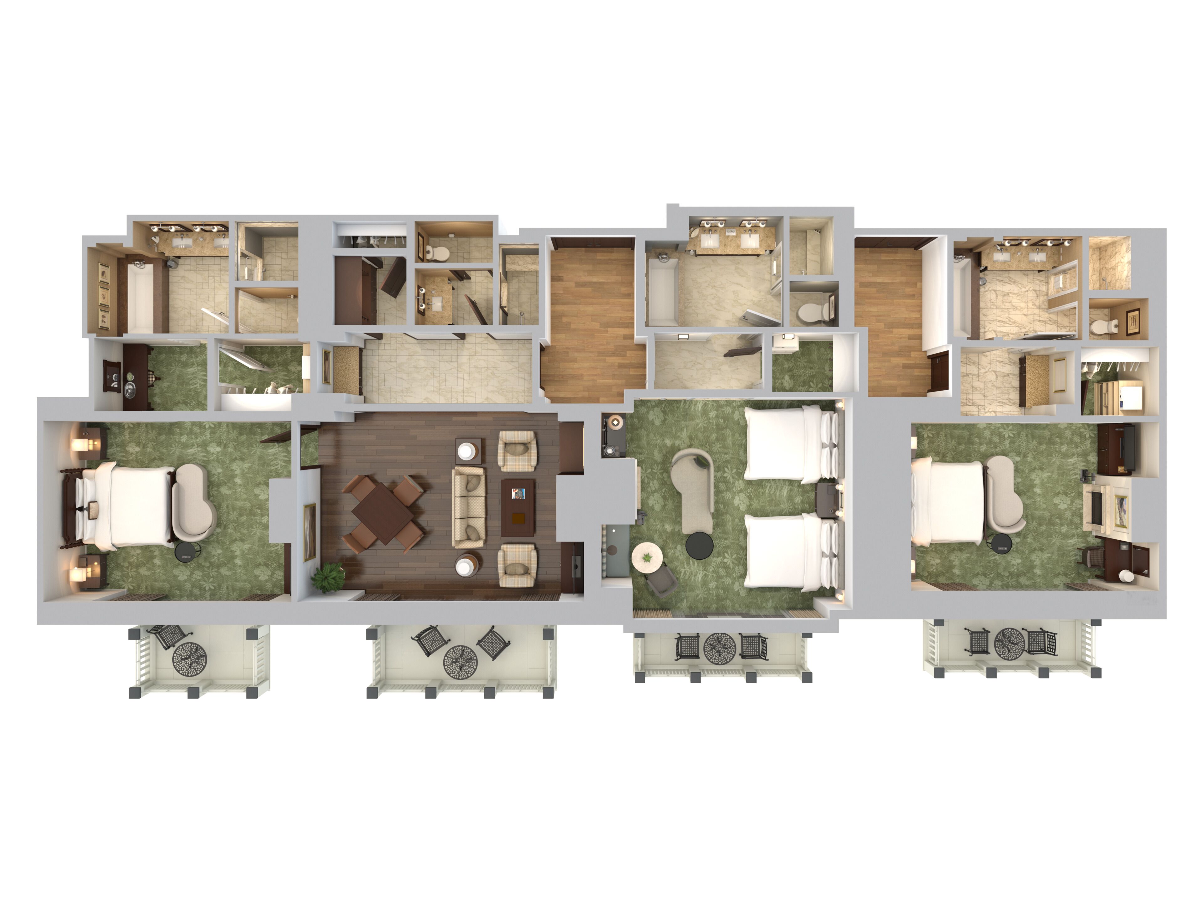 Distribución de un hotel con varias habitaciones, baños, un comedor y una pequeña zona de estar al aire libre.