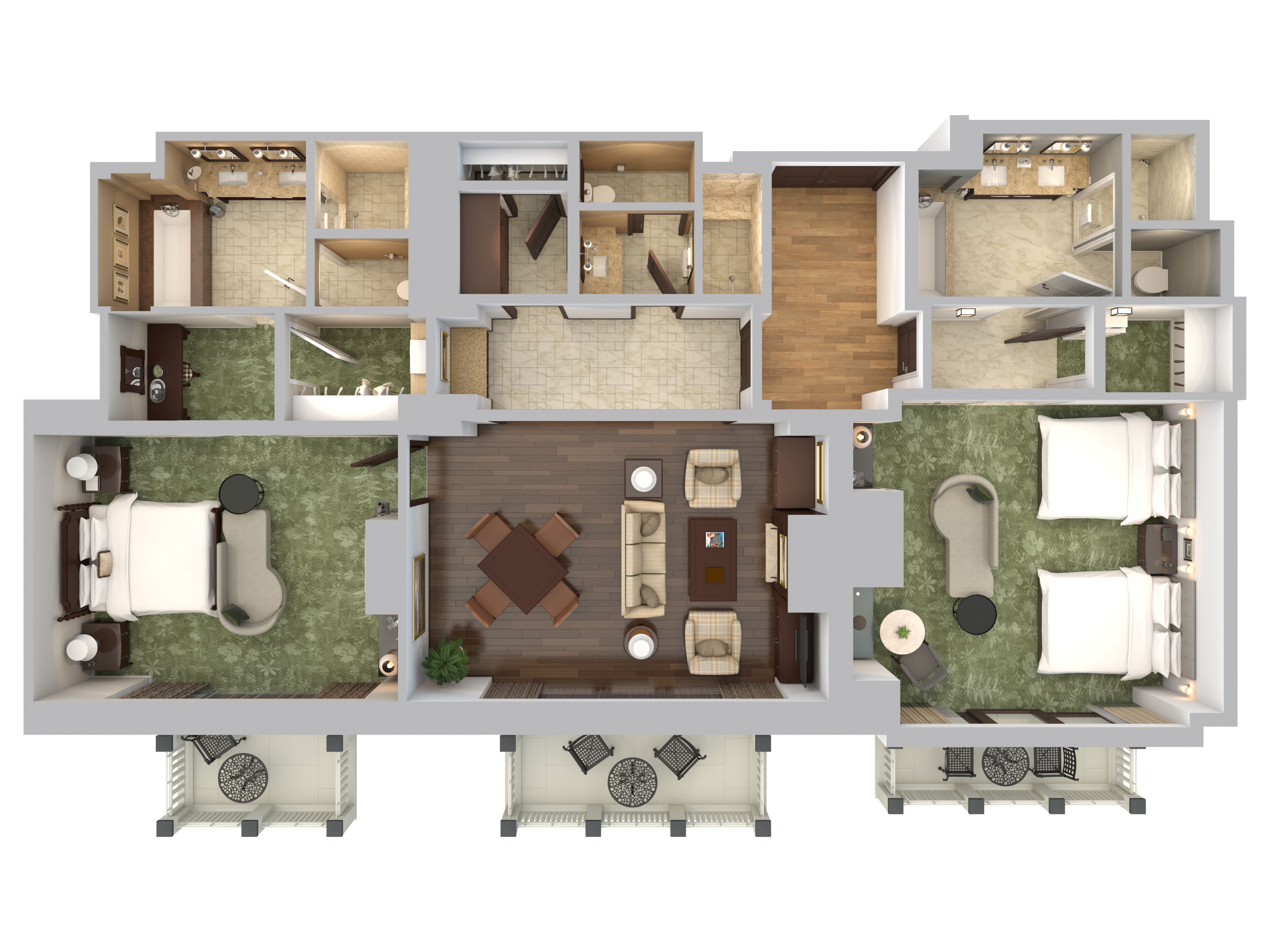 A hotel layout with multiple bedrooms, a living area, a dining area, and a bathroom.