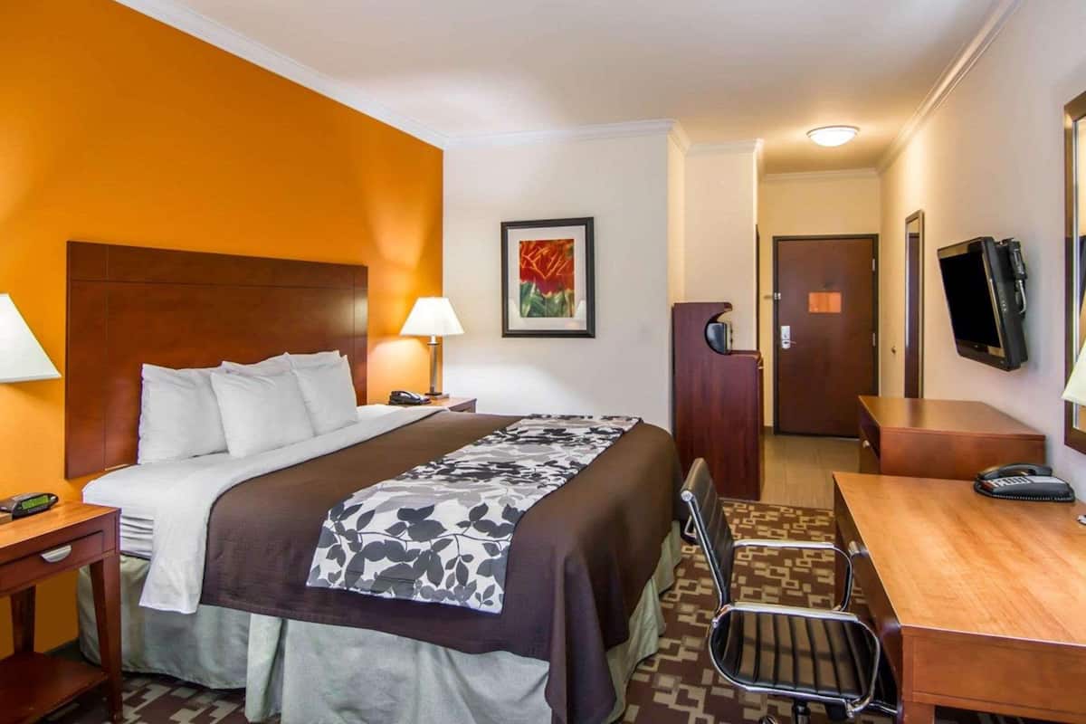 A hotel room with a bed, bedside tables, a desk, a chair, a TV, and a door.