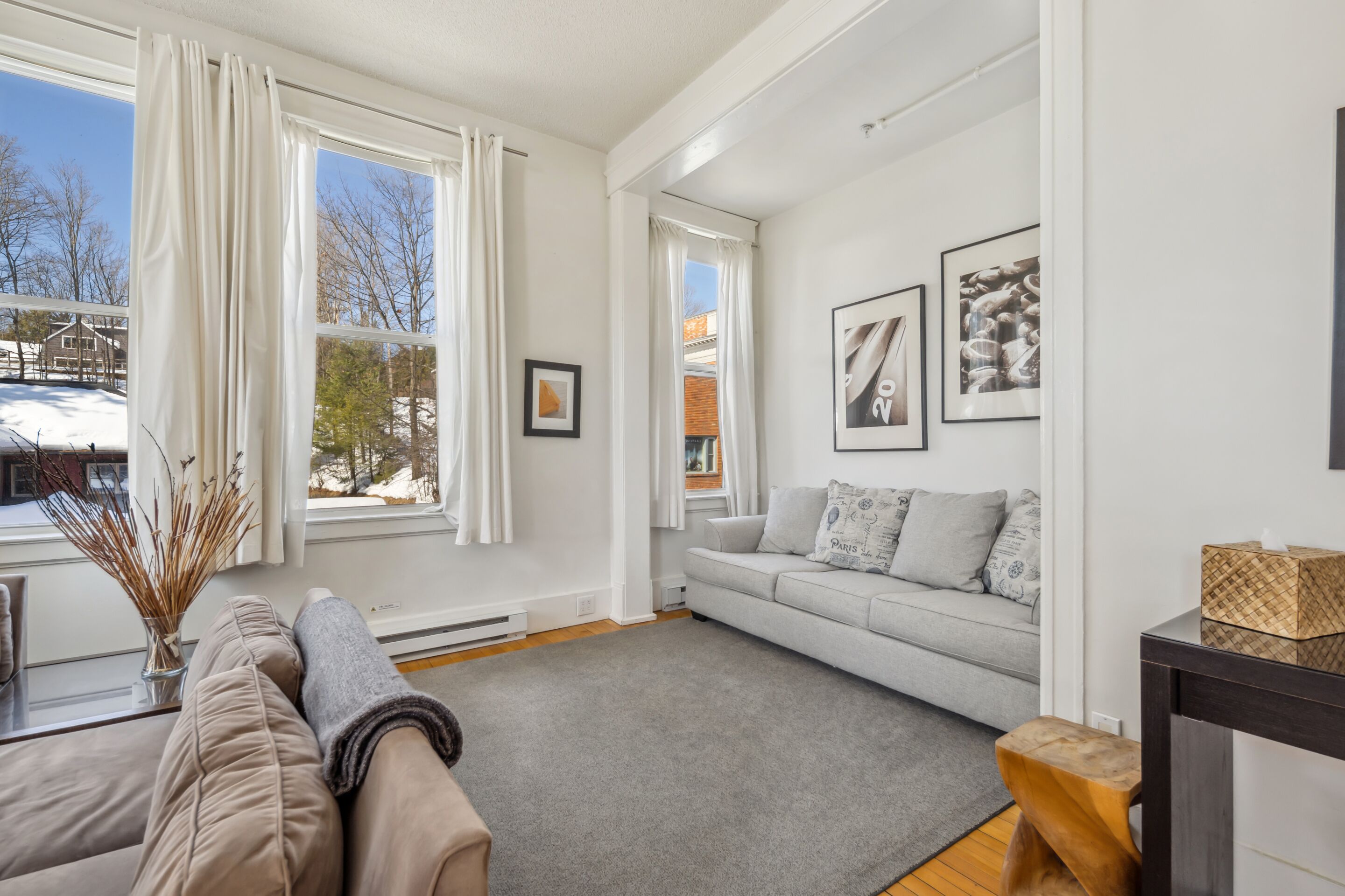A modern living room with a grey sofa, a coffee table, and a view of a snowy landscape through large windows.