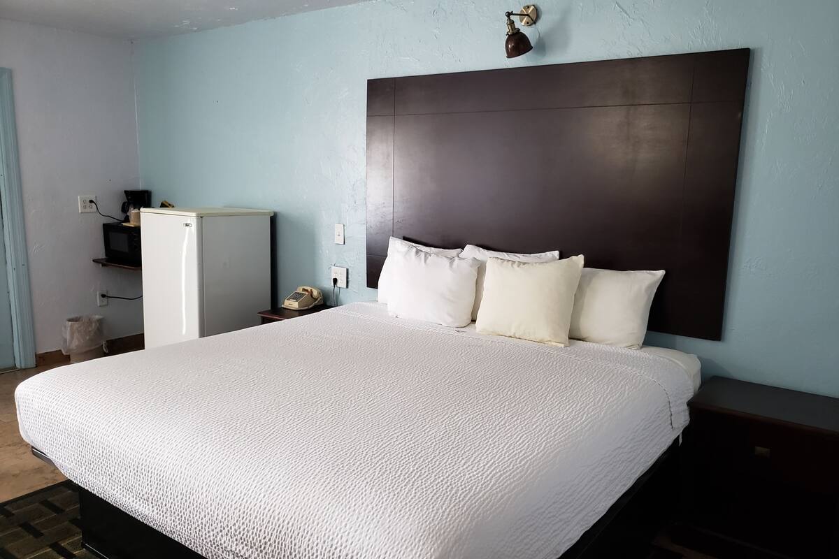 A hotel room with a large bed, a dark headboard, a bedside table with a lamp, a microwave, and a refrigerator.