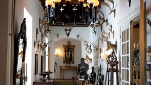 A hallway with a brick floor, wooden beams, and a chandelier with multiple lights.