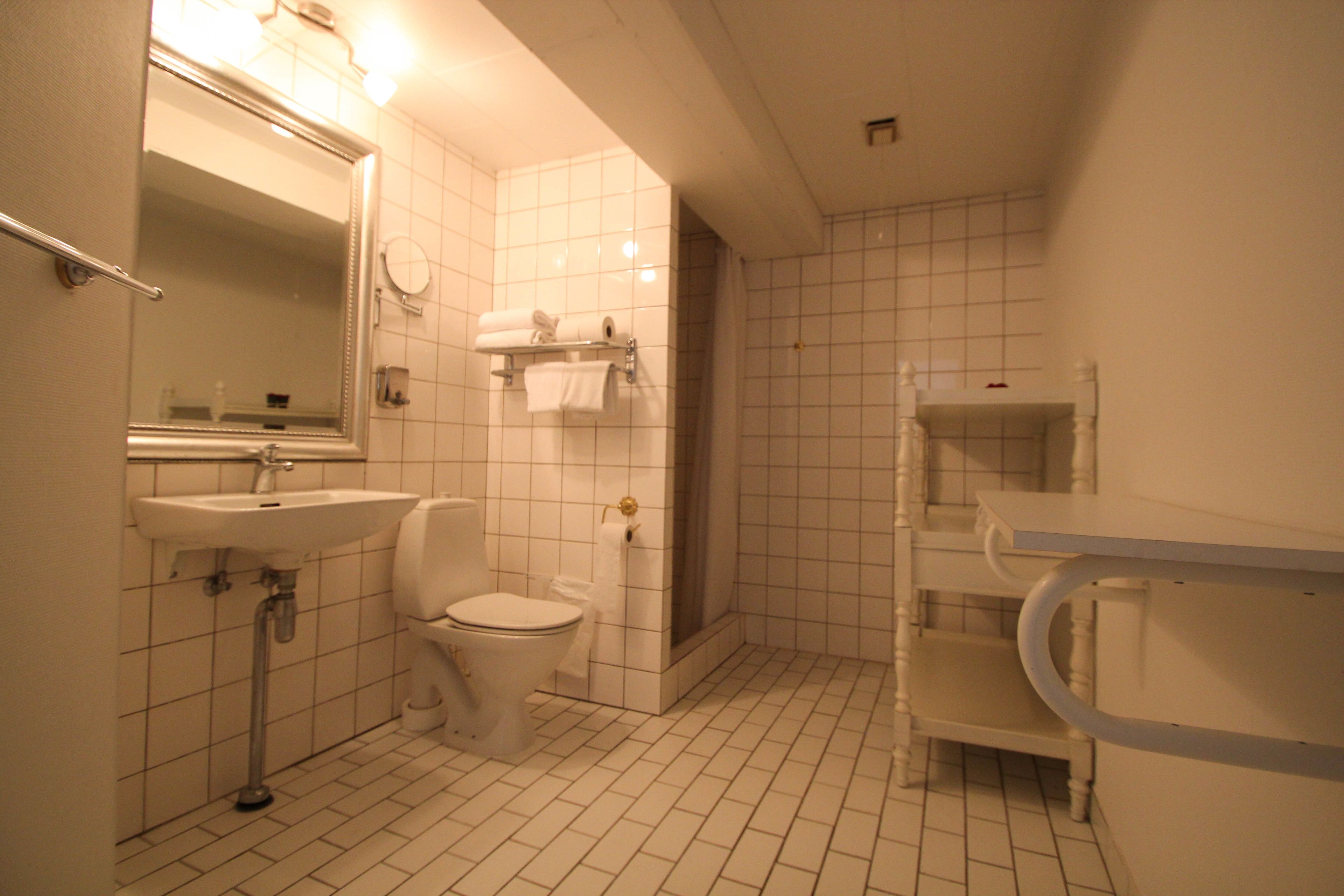 A bathroom with a sink, toilet, and mirror.