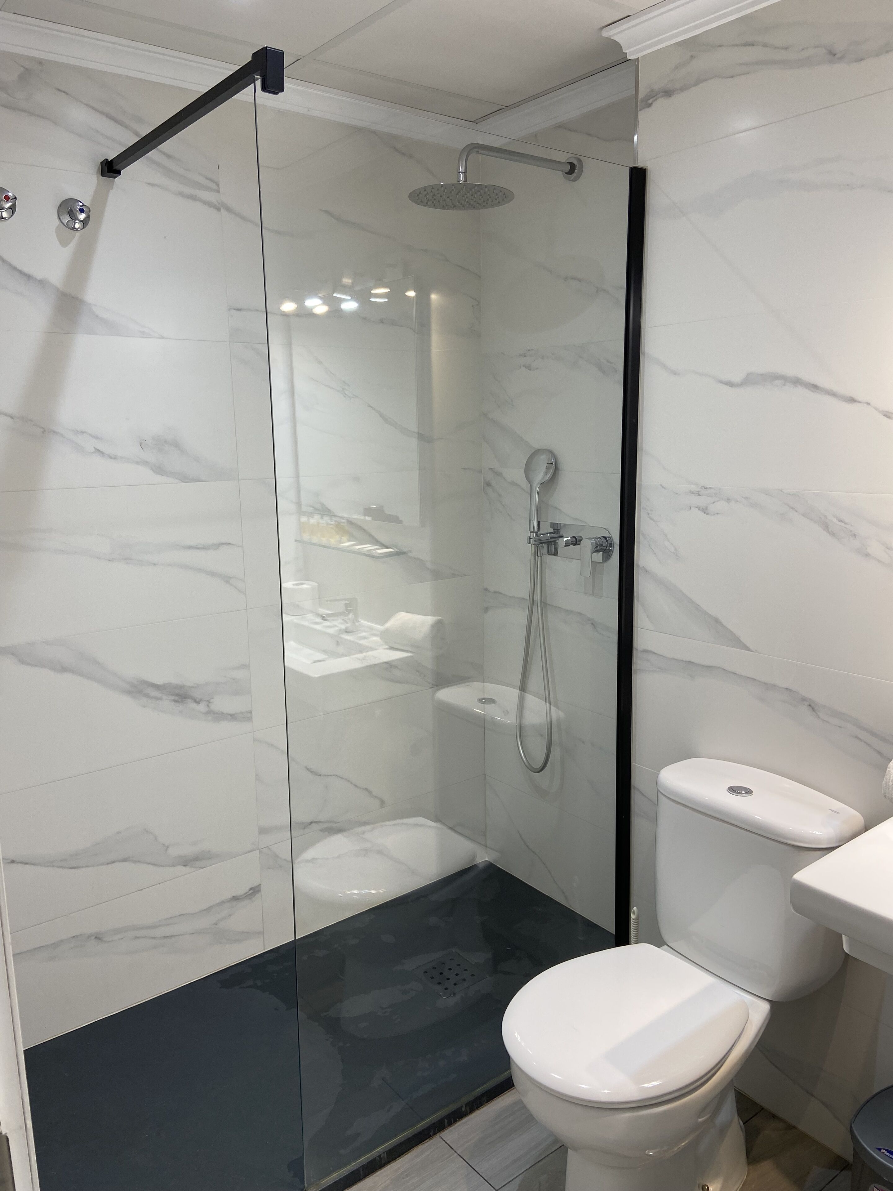 Un baño moderno con ducha envuelta en vidrio, inodoro blanco y lavamanos.