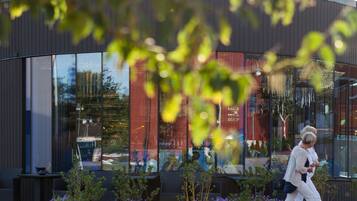 A modern building with large glass windows, a paved walkway, and a garden with purple flowers.