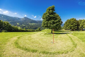 A grassy field with a single tree and a red post, surrounded by mountains and clear blue sky. - Aparthotel Des Alpes (Cavalese)