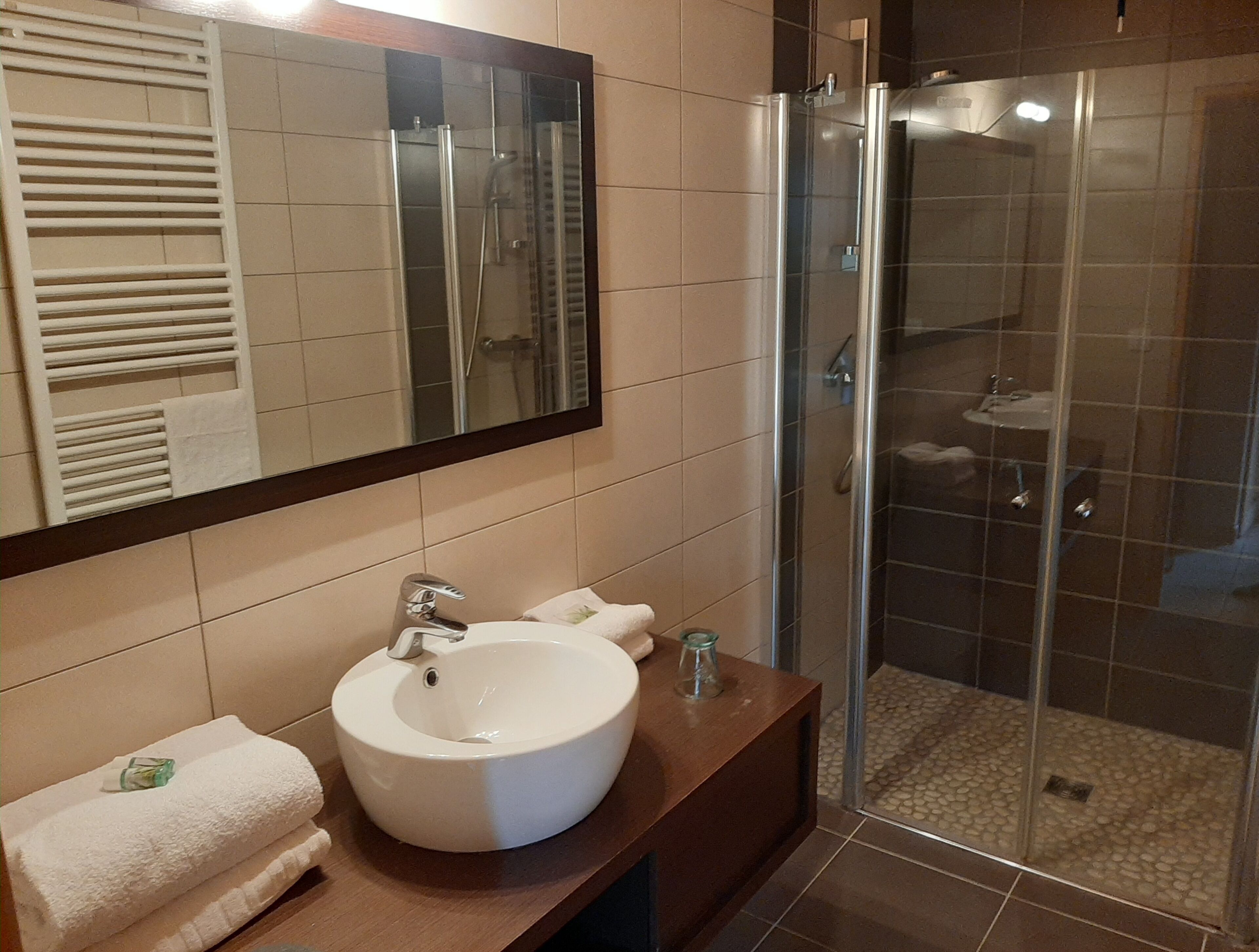 A bathroom with a white sink, a mirror, and a glass-enclosed shower.