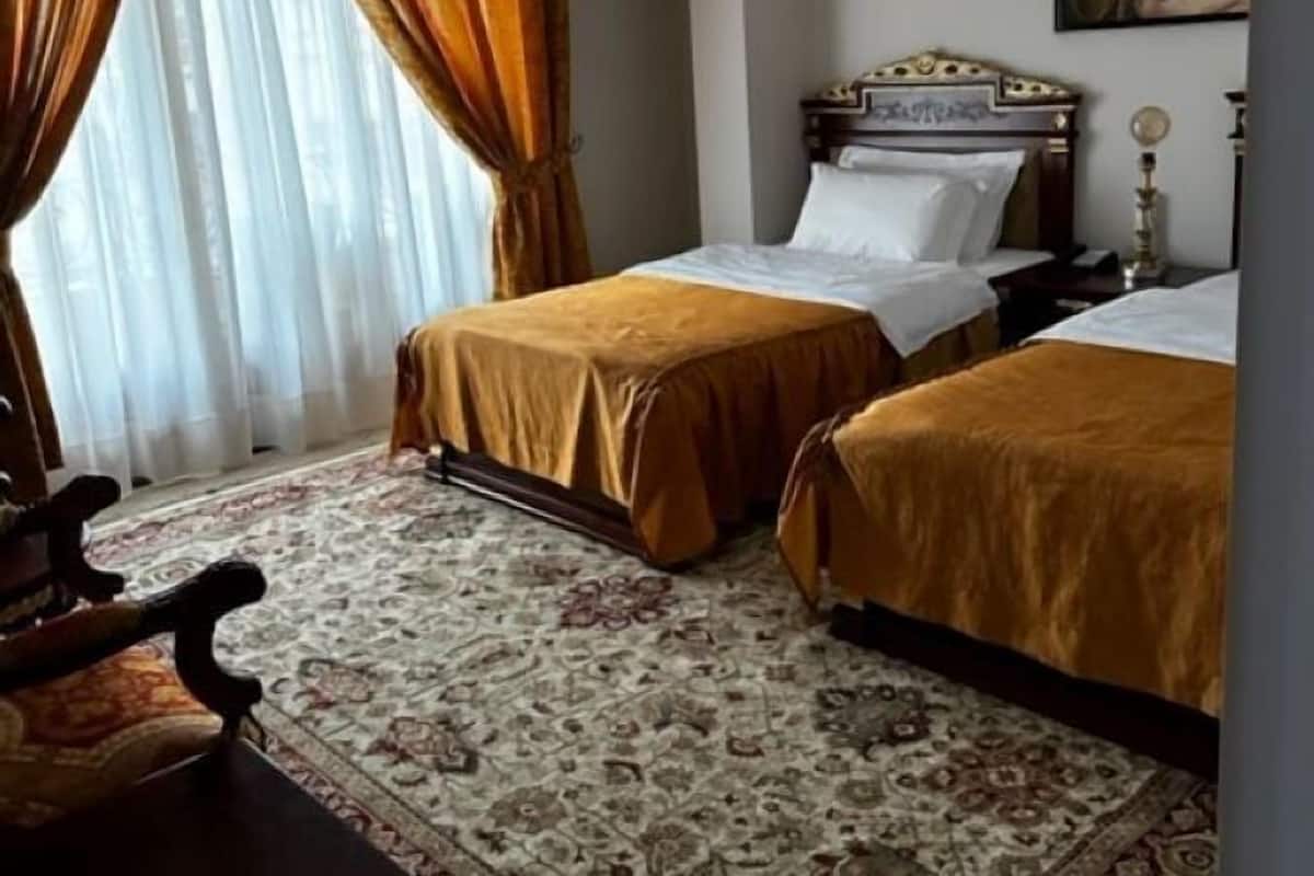 Een hotelkamer met twee bedden, een kamerbreed tapijt met dessin, een houten nachtkastje en een schilderij aan de muur.
