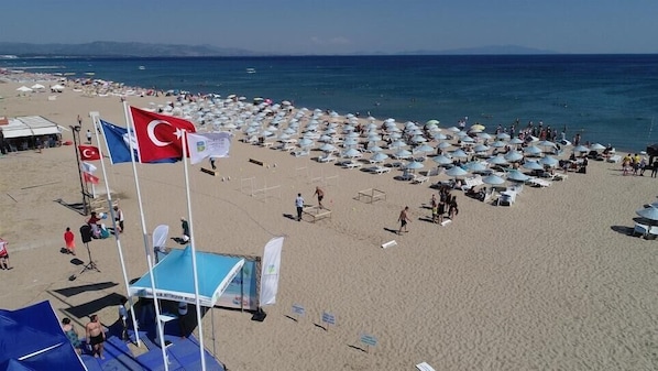 White sand, sun loungers, beach umbrellas, beach volleyball
