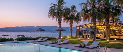 Outdoor pool, pool umbrellas, pool loungers