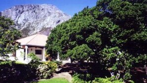 A house with a mountain in the background, surrounded by lush greenery. - Milkwood Lodge - Hermanus (Hermanus)
