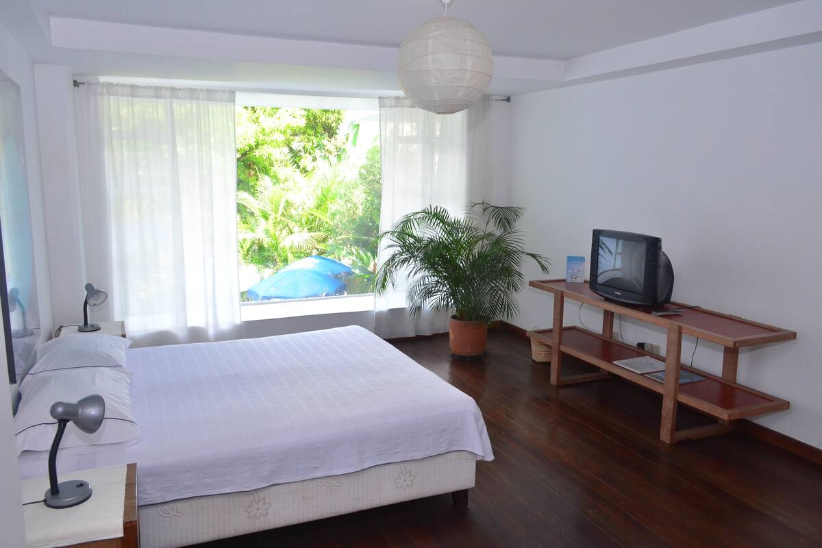 A bedroom with a bed, a desk with a television, a potted plant, and a window with curtains.