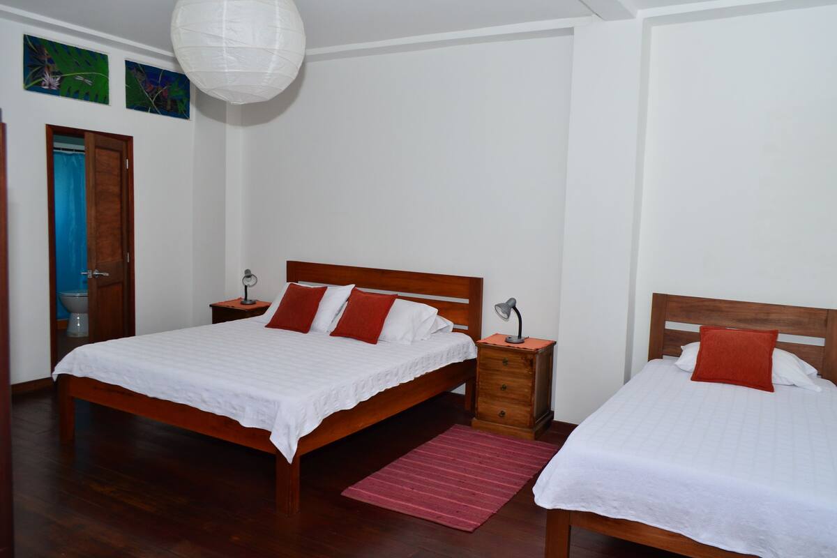 A bedroom with a large bed, a smaller bed, wooden headboards, a nightstand with a lamp, and a red rug.