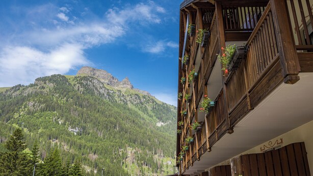 Un bâtiment en bois doté de balcons ornés de fleurs, qui offre une vue sur un paysage montagneux.