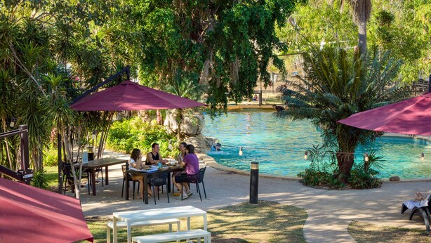 A poolside area with a table and chairs under a canopy, surrounded by lush greenery. - Nitmiluk Cabins (Nitmiluk)