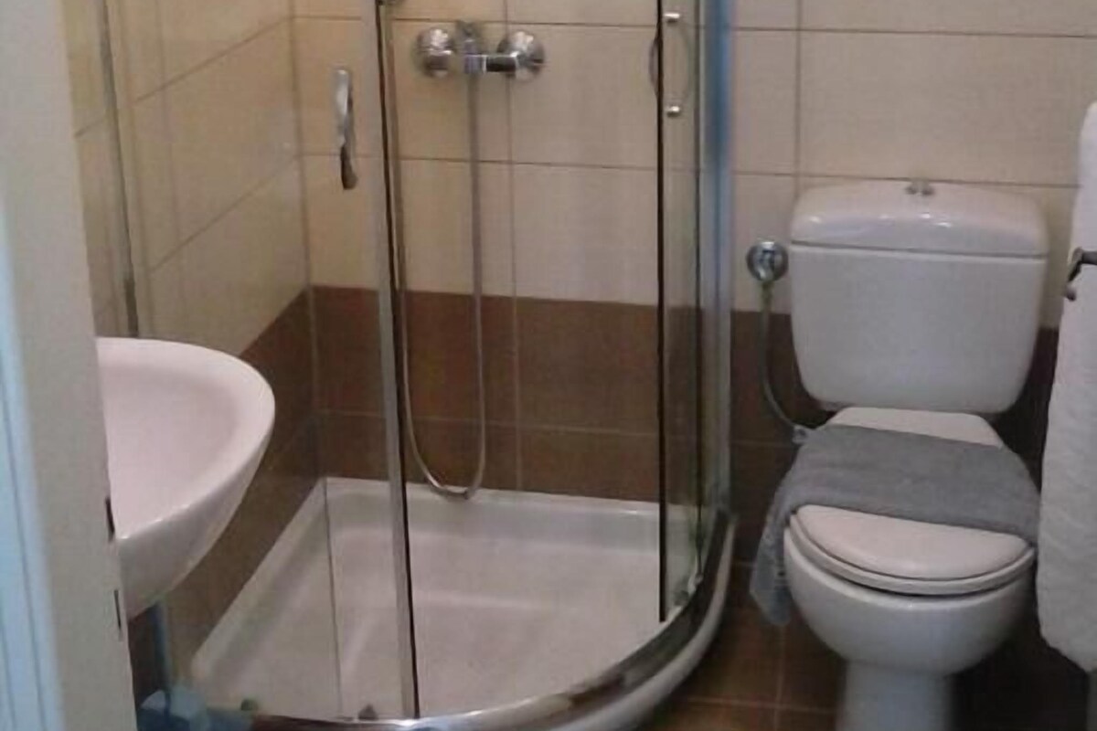 Une salle de bain avec une douche à parois de verre, des toilettes et un lavabo.