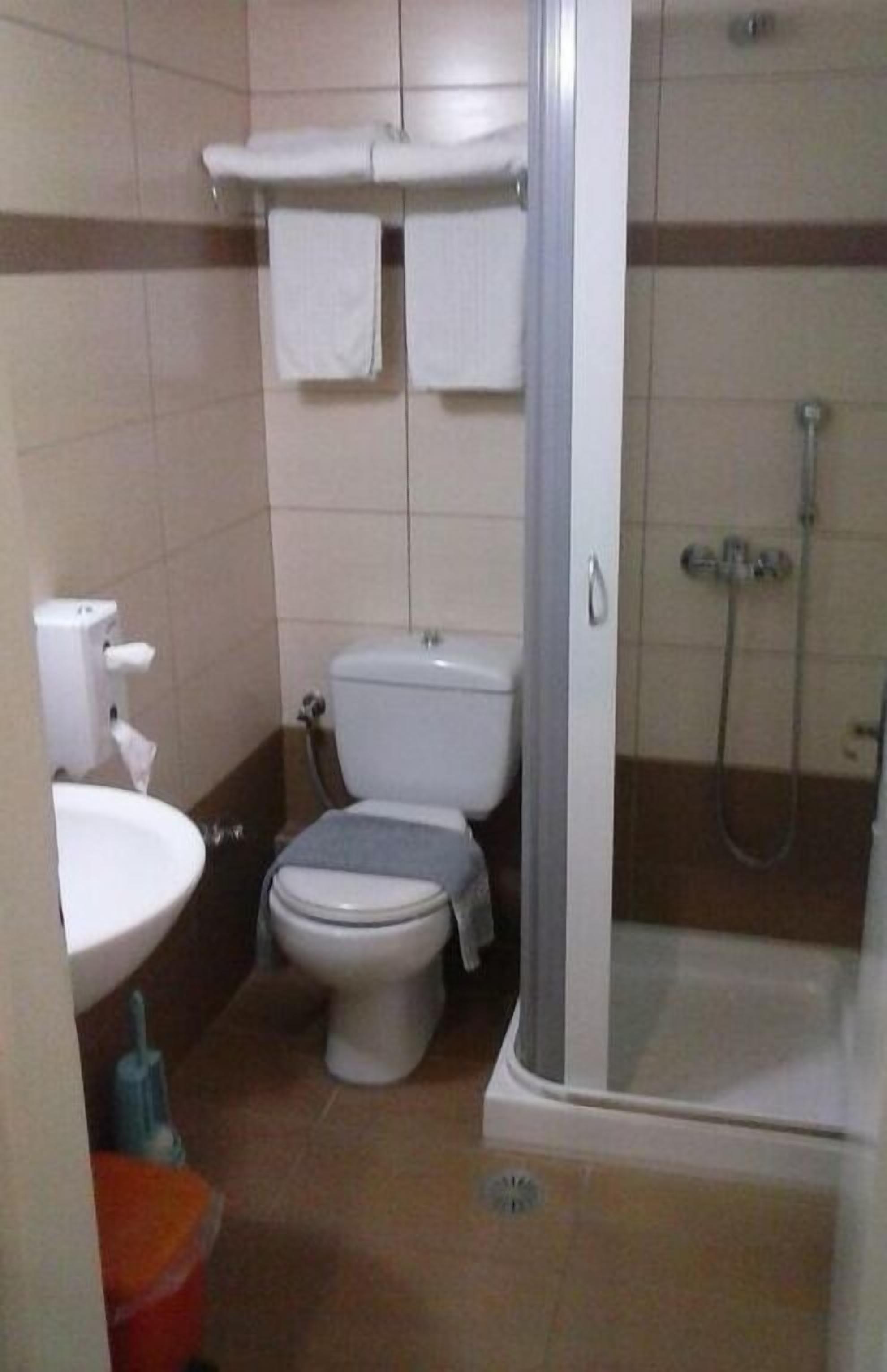 A bathroom with a toilet, sink, and shower.