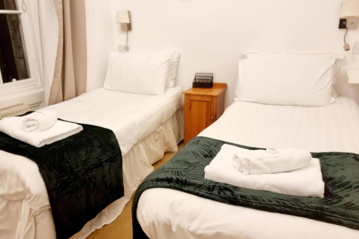 A hotel room with two single beds, each with a white duvet and a dark green throw blanket. There is a wooden nightstand between the beds with a lamp and a small table.