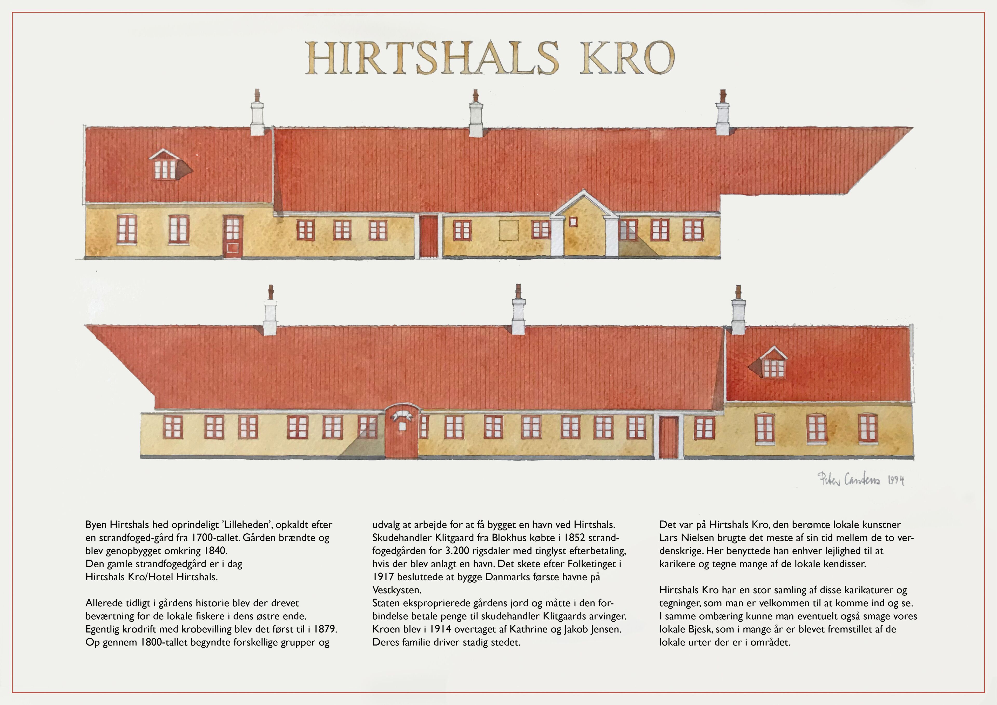 Ilustración detallada de Hirtshals Kro, un edificio histórico con techo rojo y paredes amarillas, que presenta múltiples chimeneas y una entrada central.