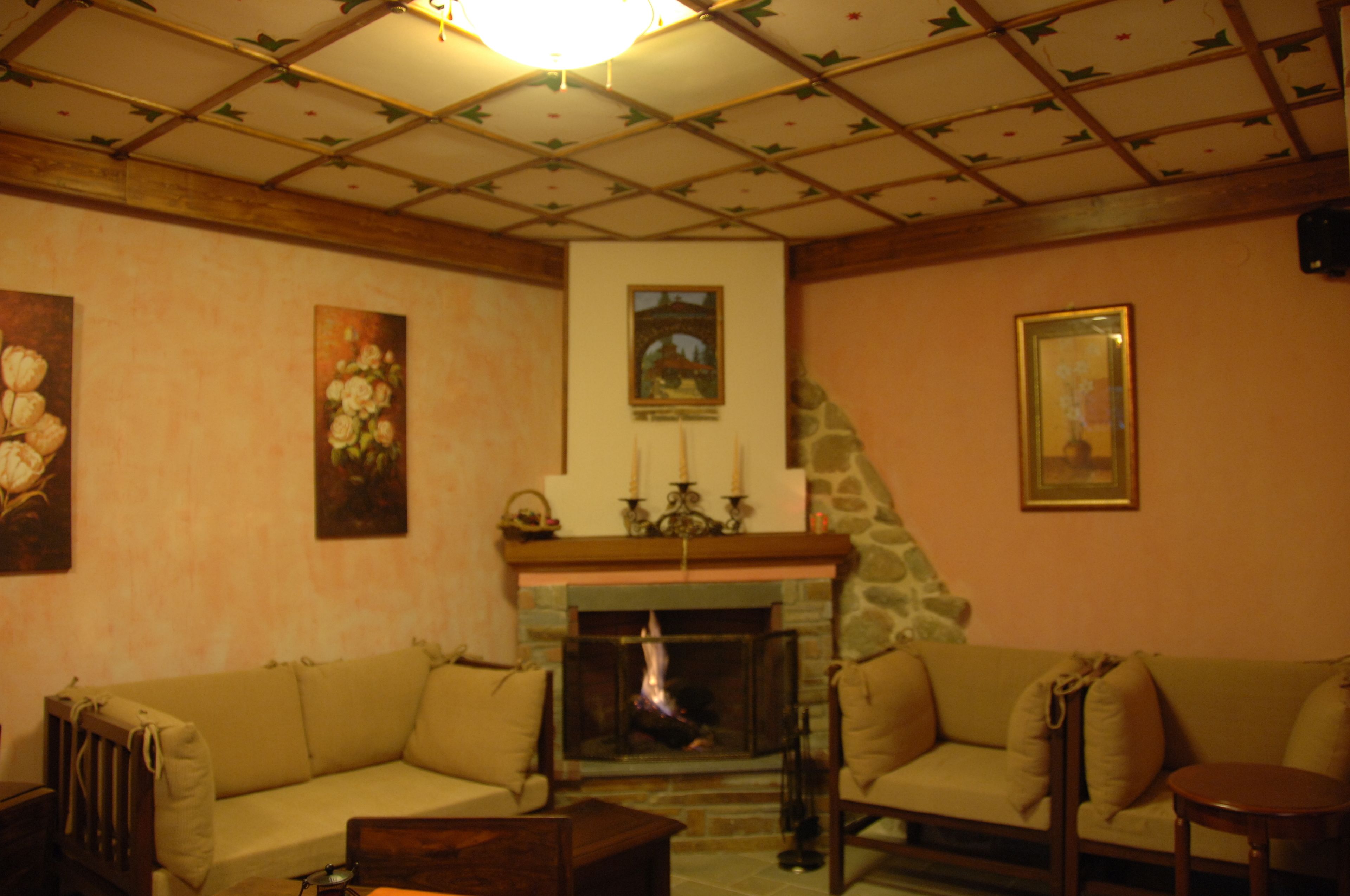 Una sala de estar acogedora con chimenea, dos sofás, una mesa de centro y un techo con diseño de cuadrícula.
