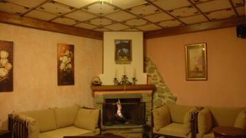 Una sala de estar acogedora con chimenea, dos sofás, una mesa de centro y un techo con diseño de cuadrícula.