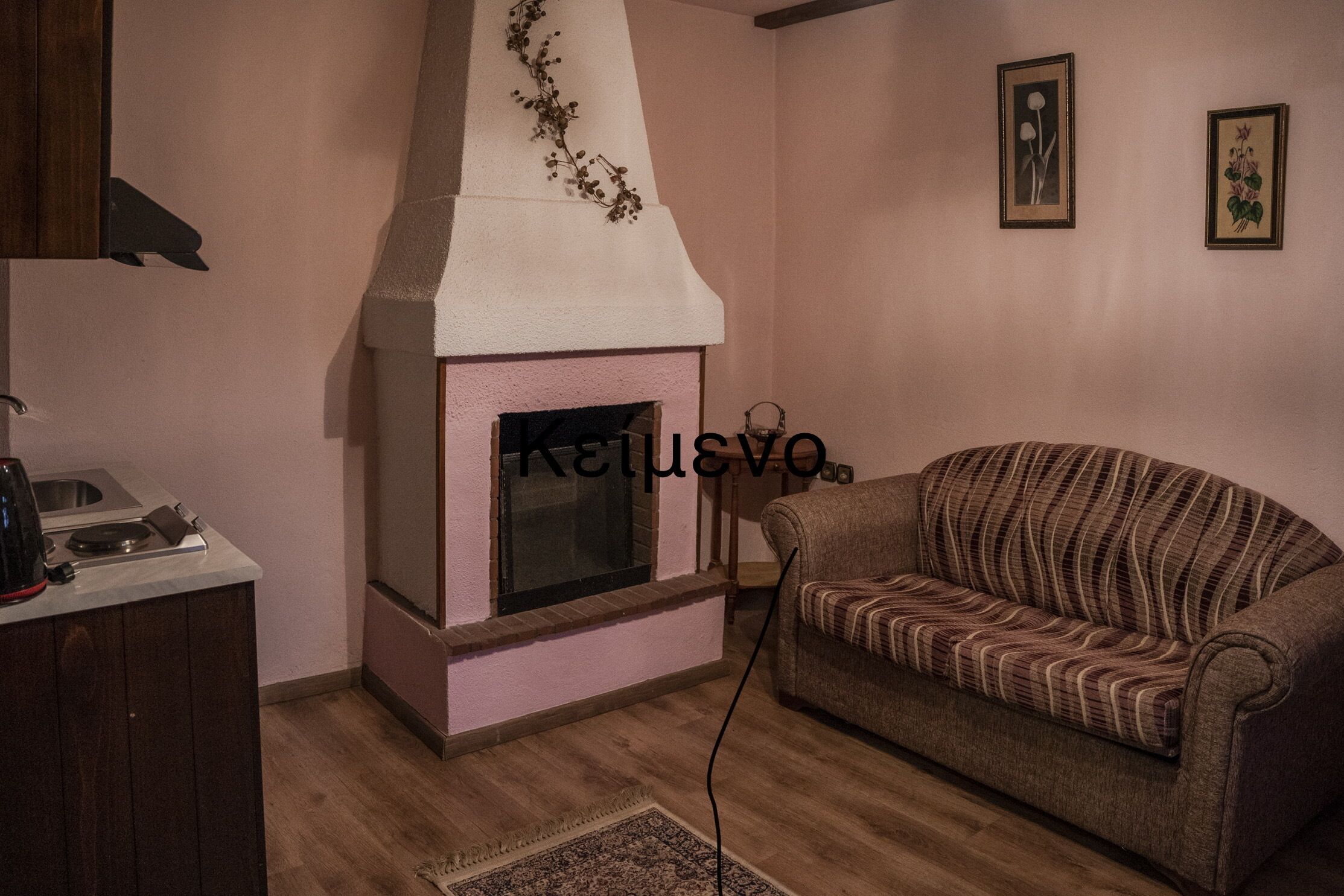 A living room with a fireplace, a sofa, and a coffee table.