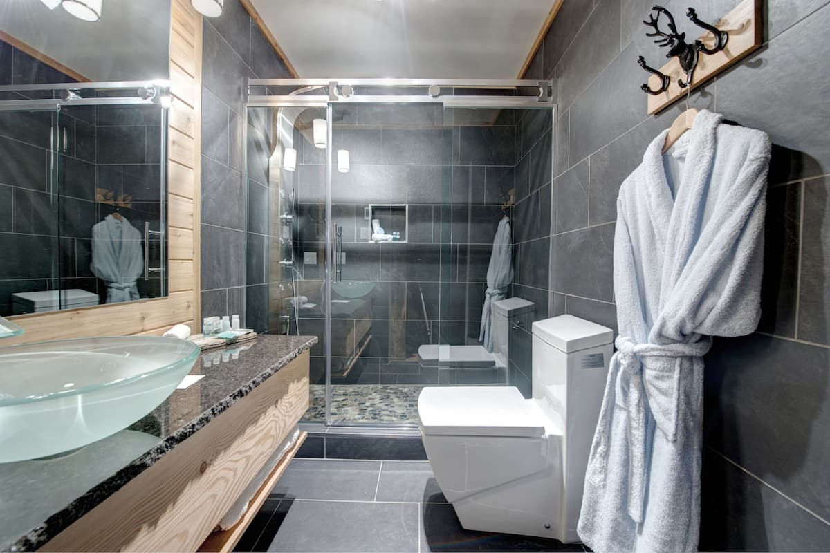Une salle de bain moderne avec un lavabo en verre, des toilettes blanches et une douche à l’italienne.