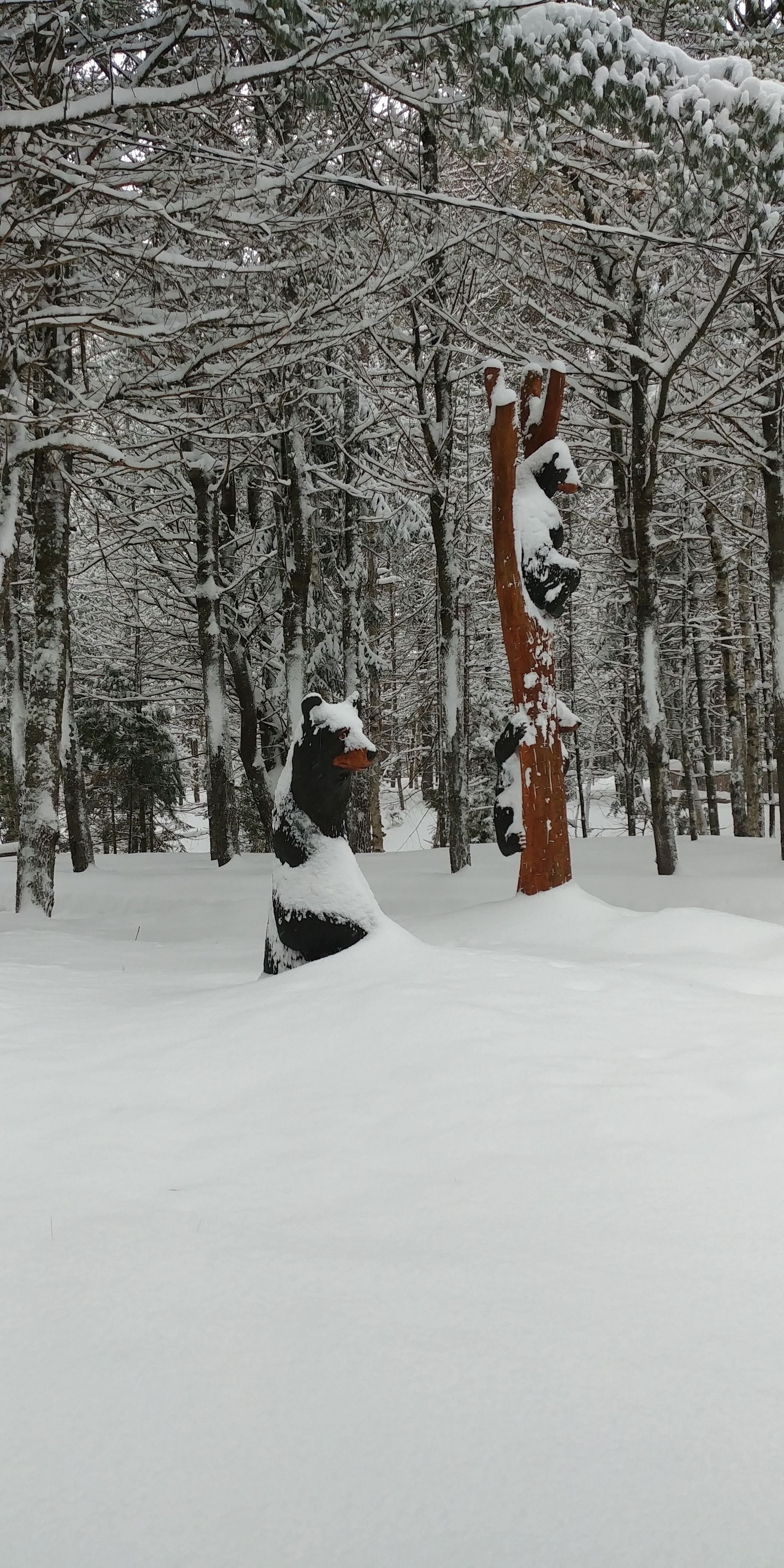 A snowy forest scene with a dog statue.