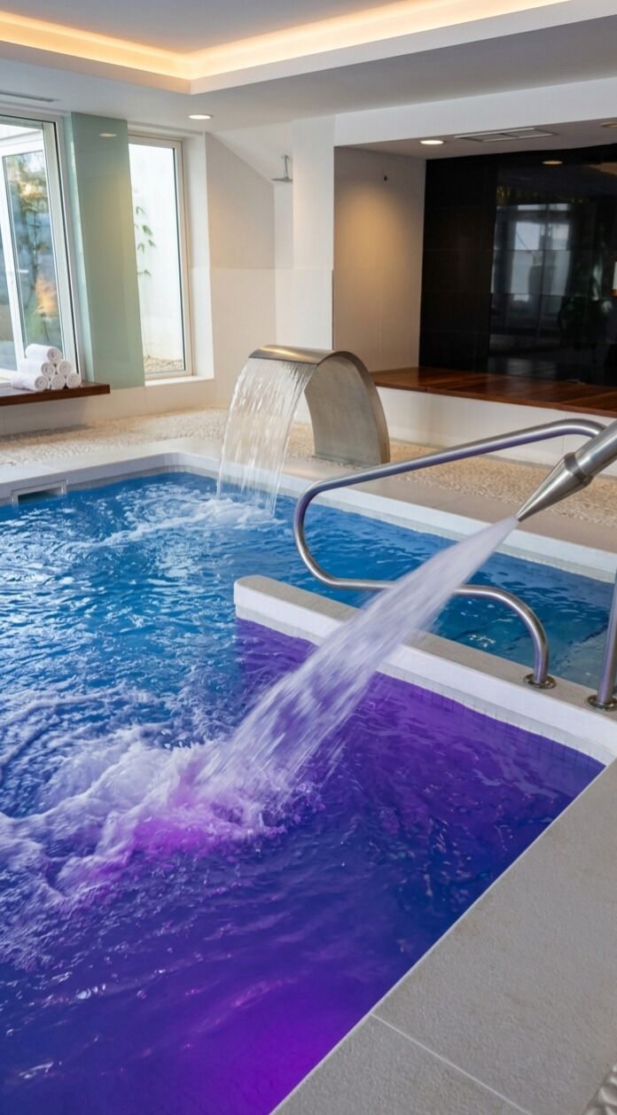 An indoor swimming pool with a waterfall feature and a view of the outdoors.