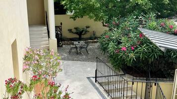 Un patio con una planta en maceta, una pequeña mesa y una escalera.
