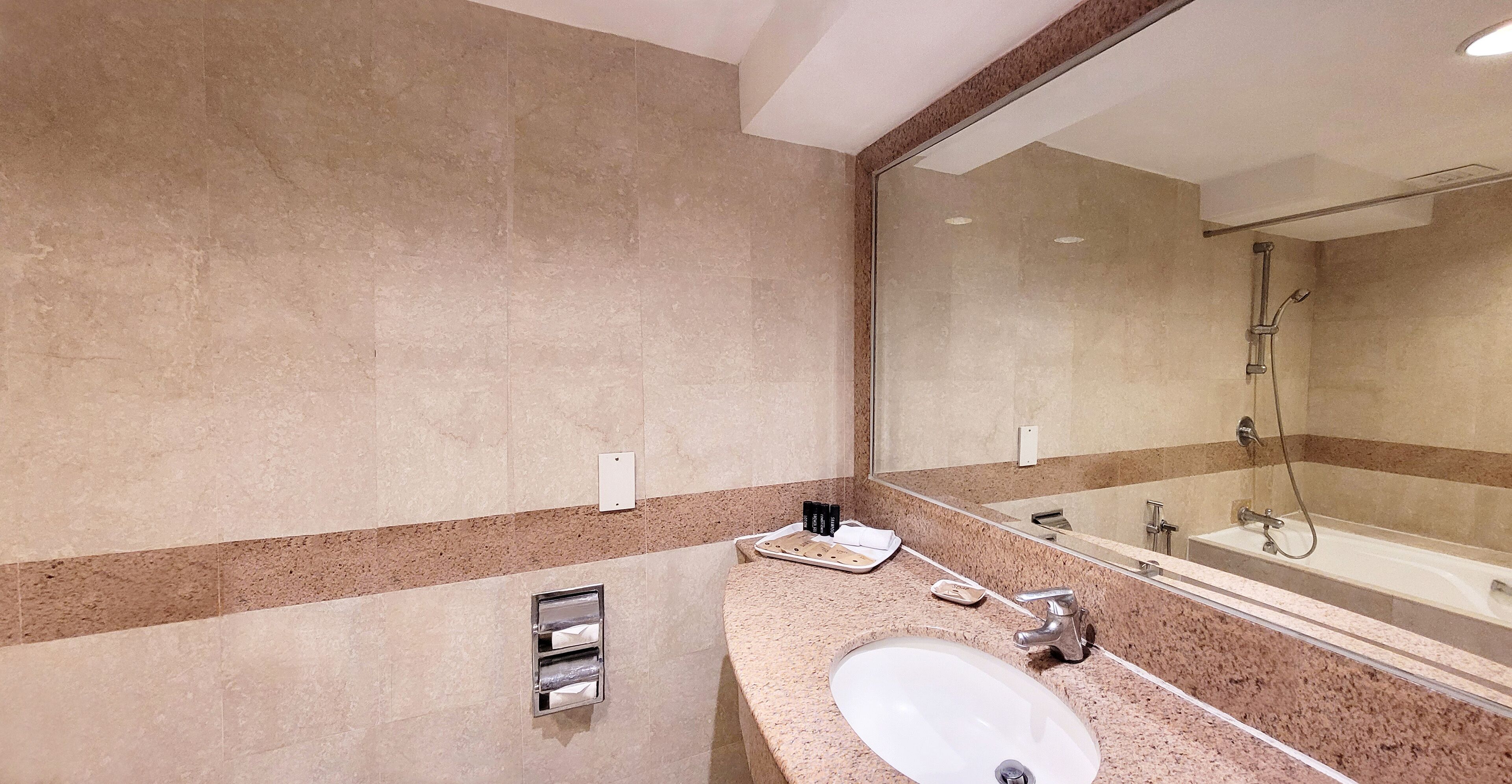 A bathroom with a sink, mirror, and shower.
