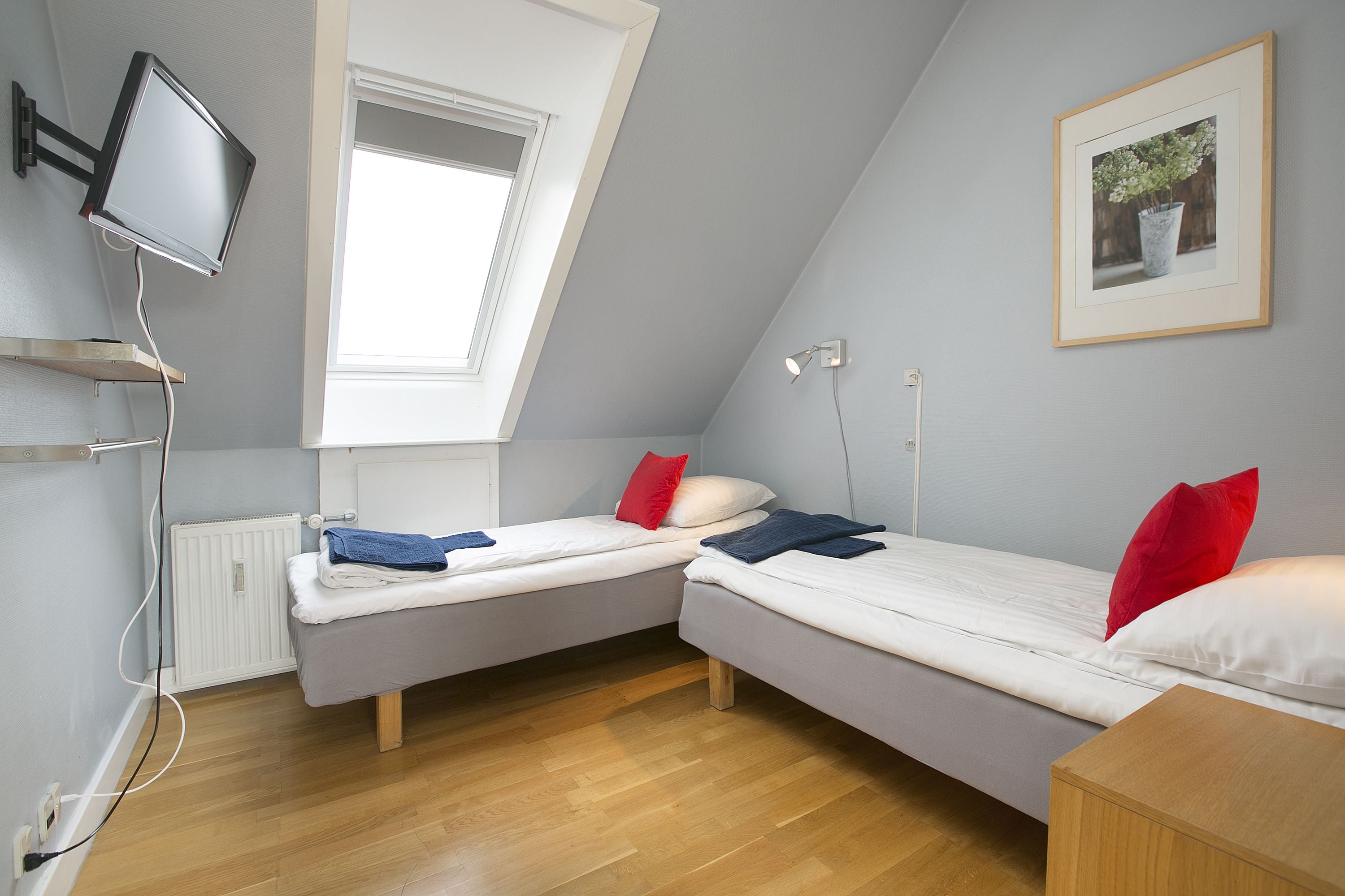 Una habitación pequeña y moderna con dos camas individuales, un televisor montado en la pared, un radiador y un ventanal que deja entrar luz natural.