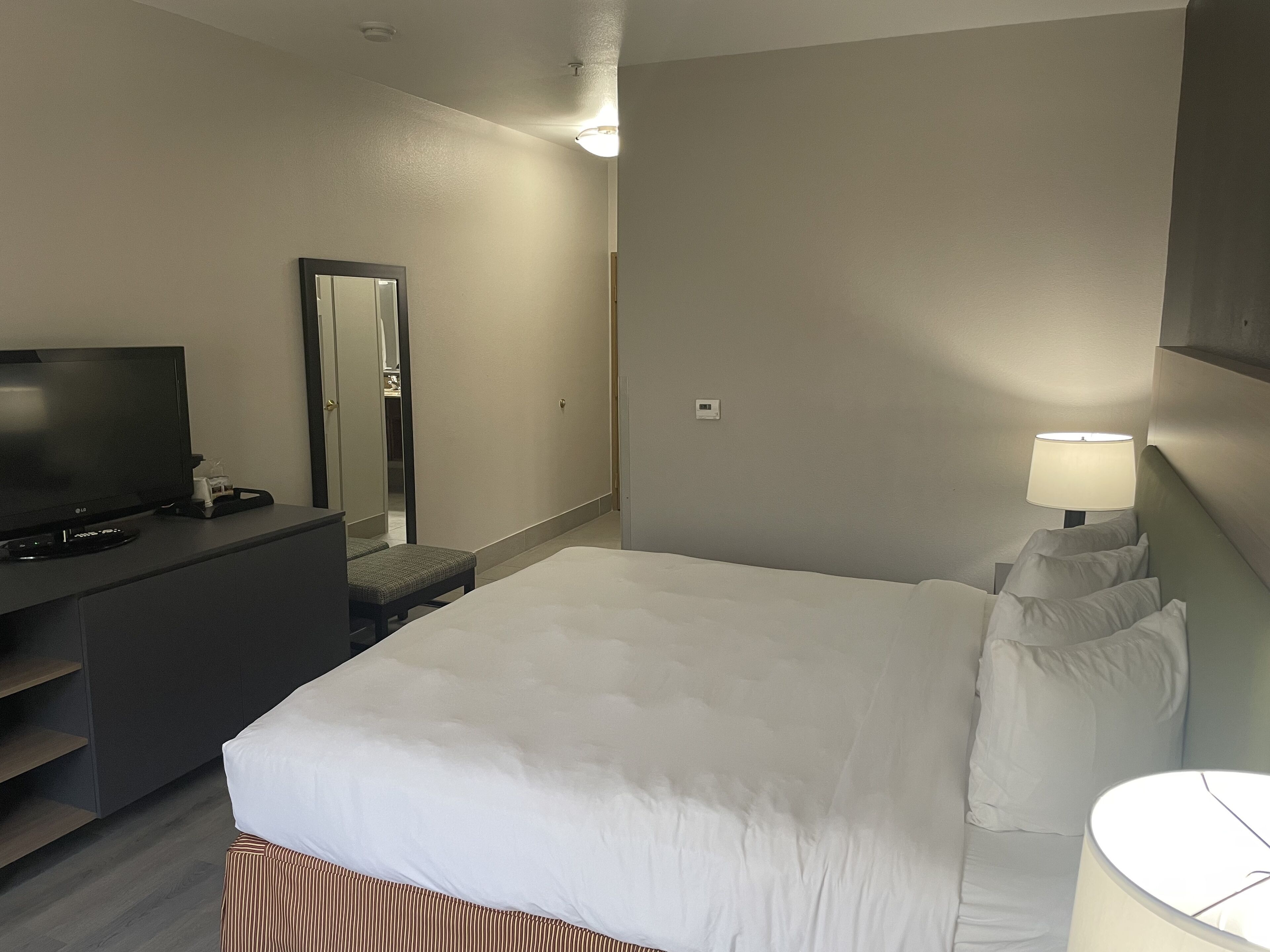 A hotel room with a large bed, a television on a dresser, a mirror, and a bedside lamp.