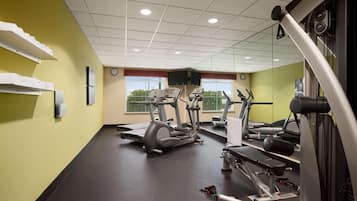 A gym with treadmills, elliptical machines, and weight equipment.